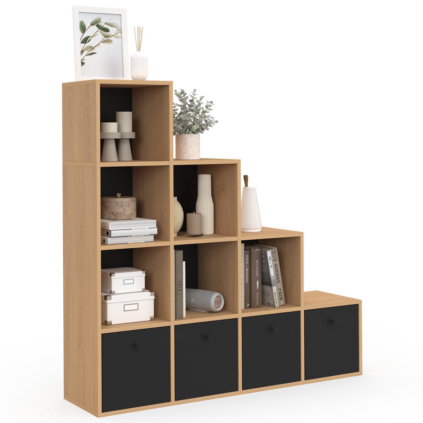 Meuble de rangement en escalier LORYS 4 niveaux bois et noir avec 4 tiroirs en tissu - 2