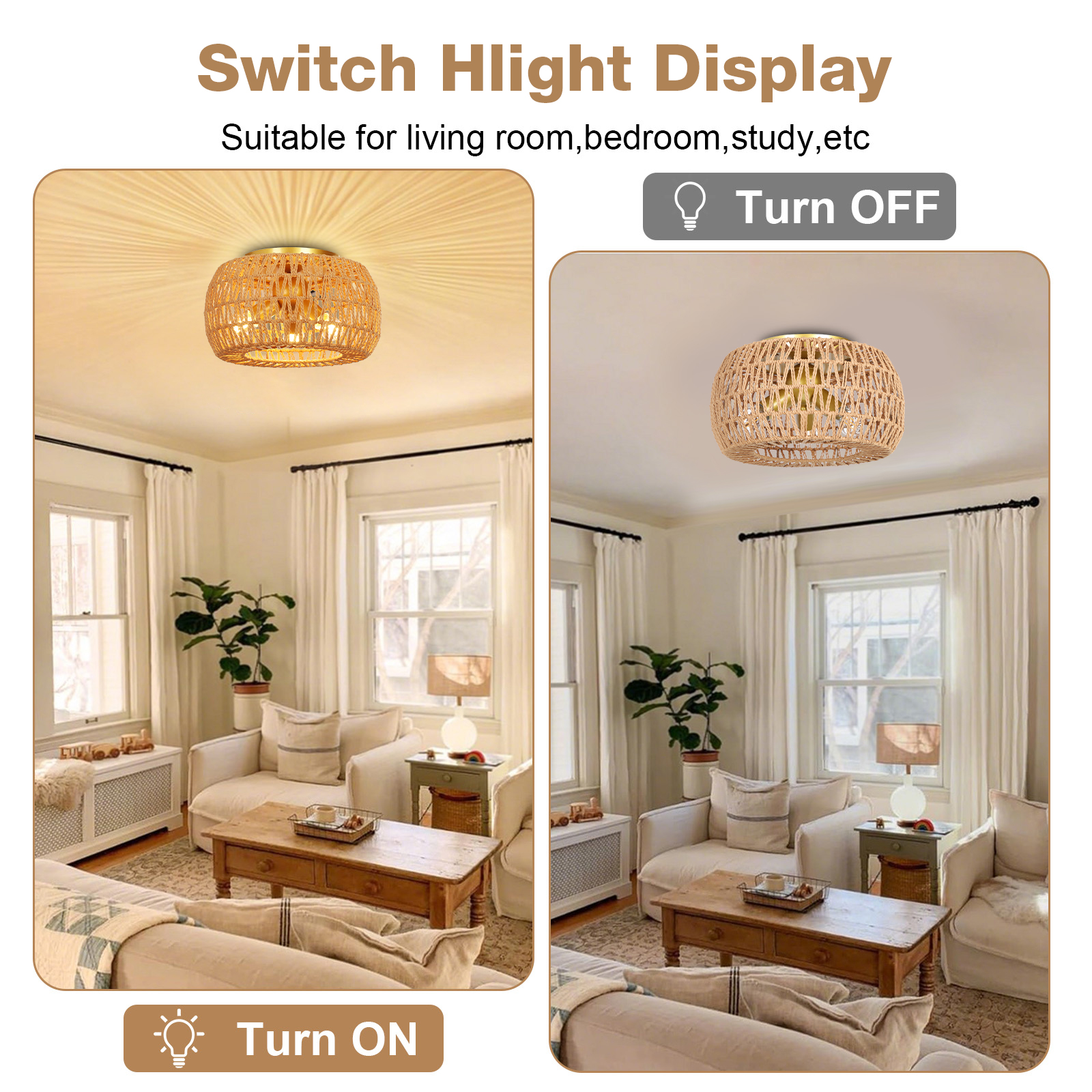 Lámpara de Techo de Ratán Vintage 3 Bombillas - Lámpara Boho con Pantalla Natural para Salón, Dormitorio o Cocina - Estilo Rústico y Acogedor - 5