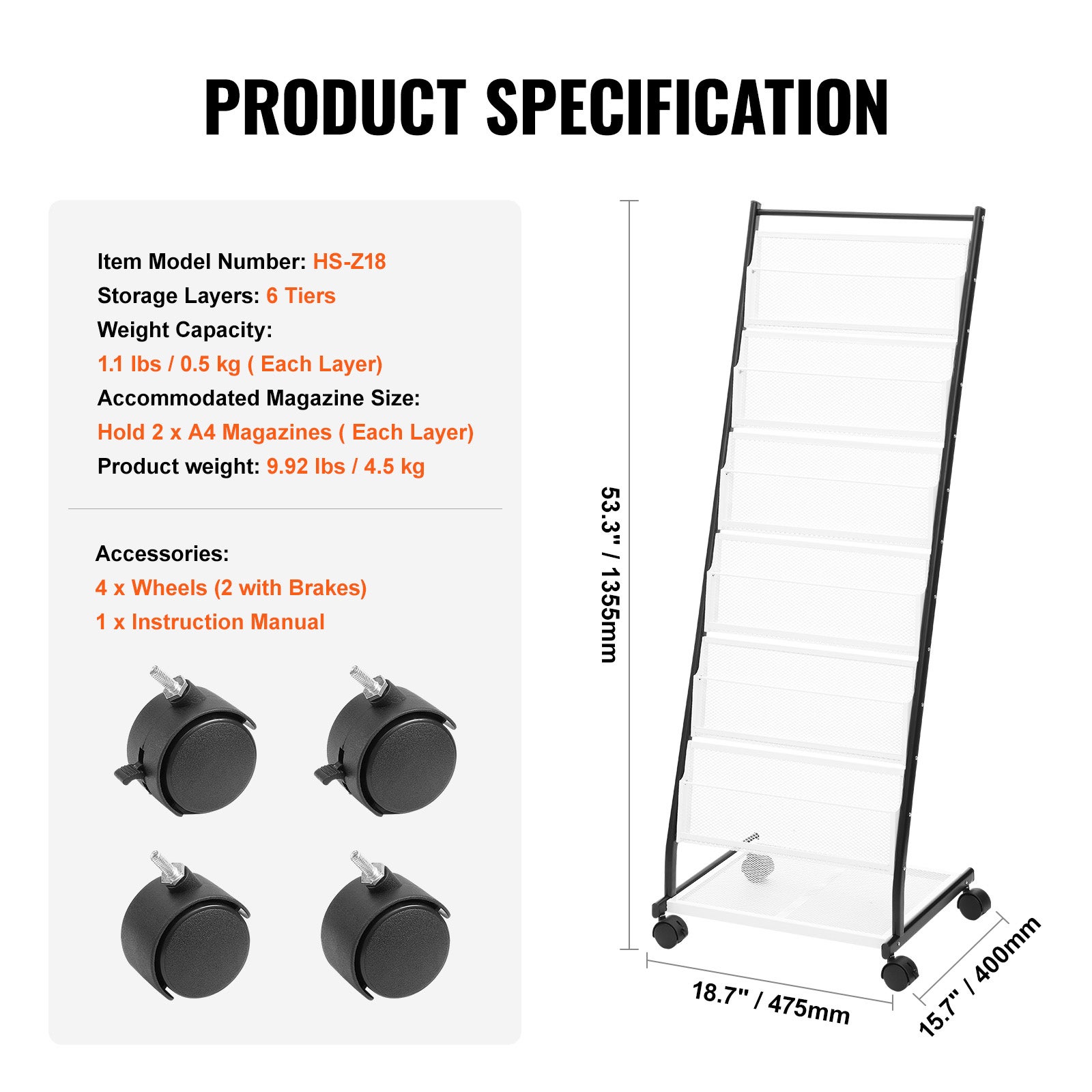 Support de rangement de littérature,VEVOR support de brochures sur pied à 6 niveaux avec 4 roulettes (2 avec freins),idéal pour la vente au détail - 7