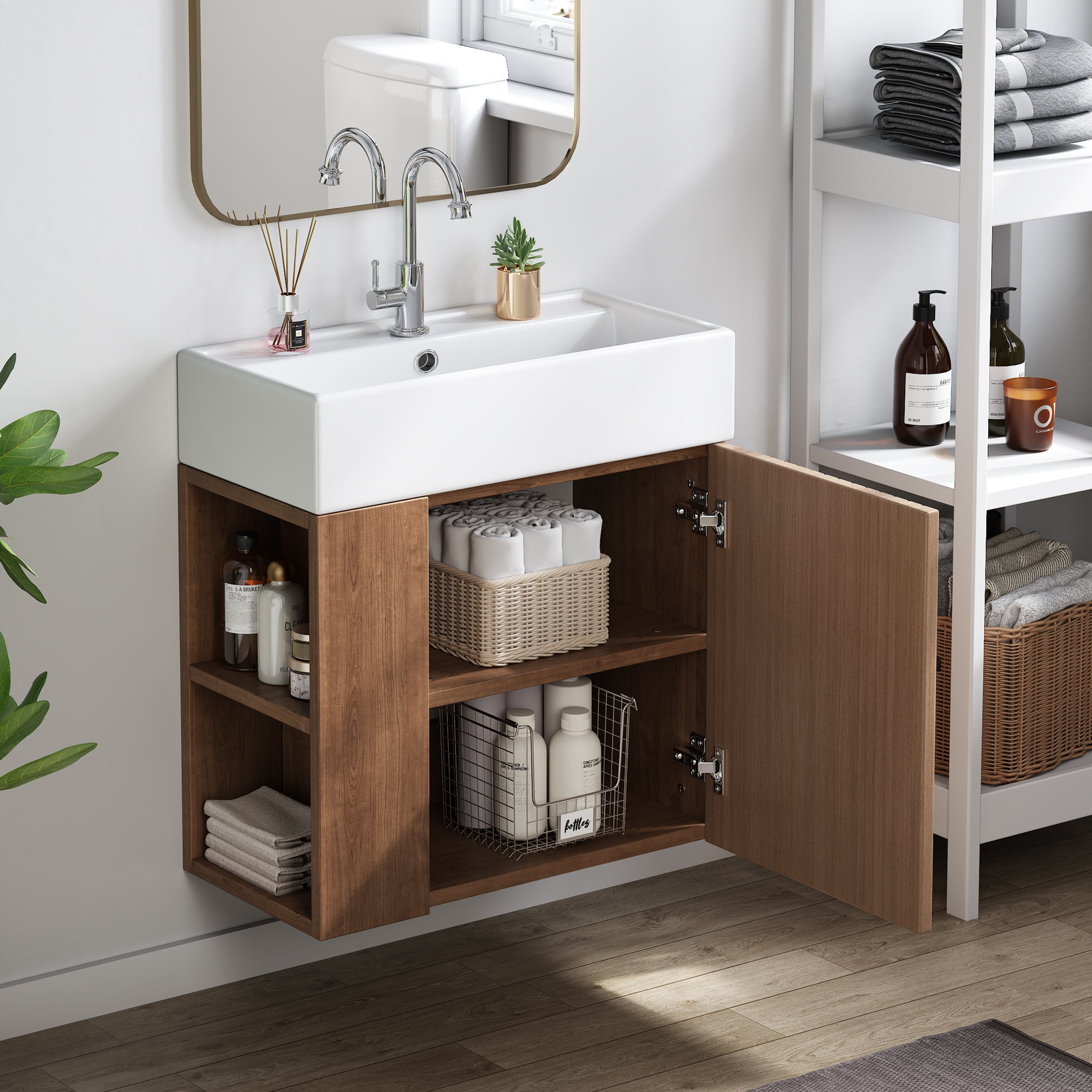 Meuble de salle de bain suspendu avec vasque carreé - 4 compartimrnts - Marron(robinet non inclus) - 3