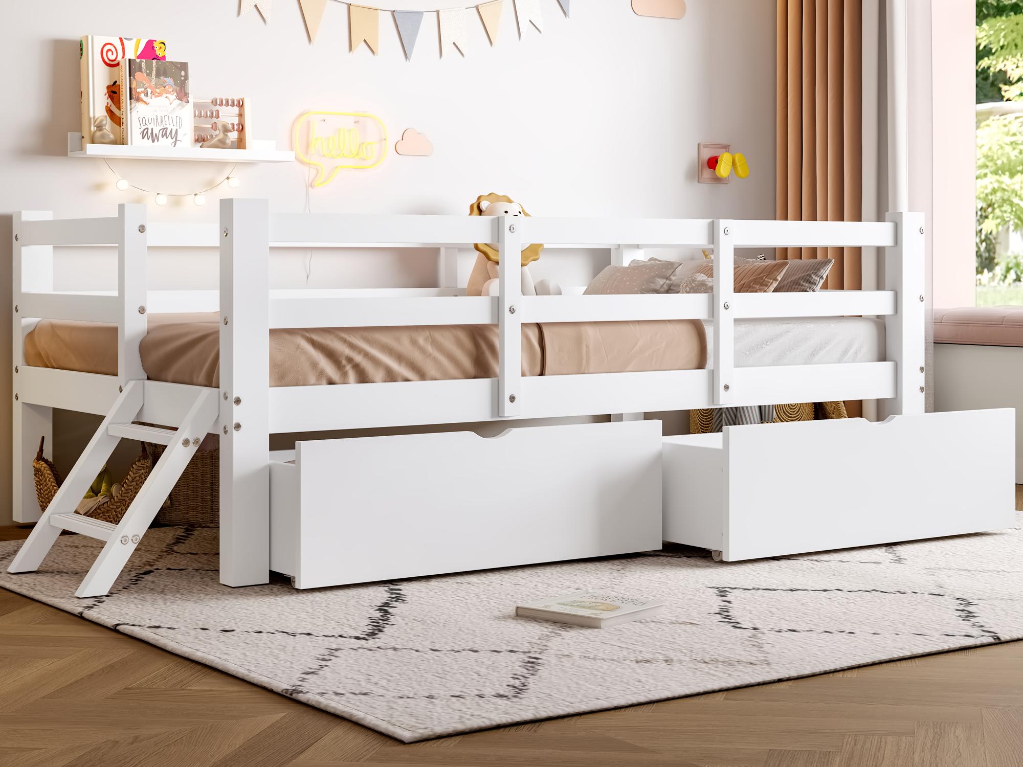 Drewniane łóżko dziecięce 90x200 cm - z barierkami i 2 szufladami - MDF + sosna - białe (materac nie jest wliczony w cenę)