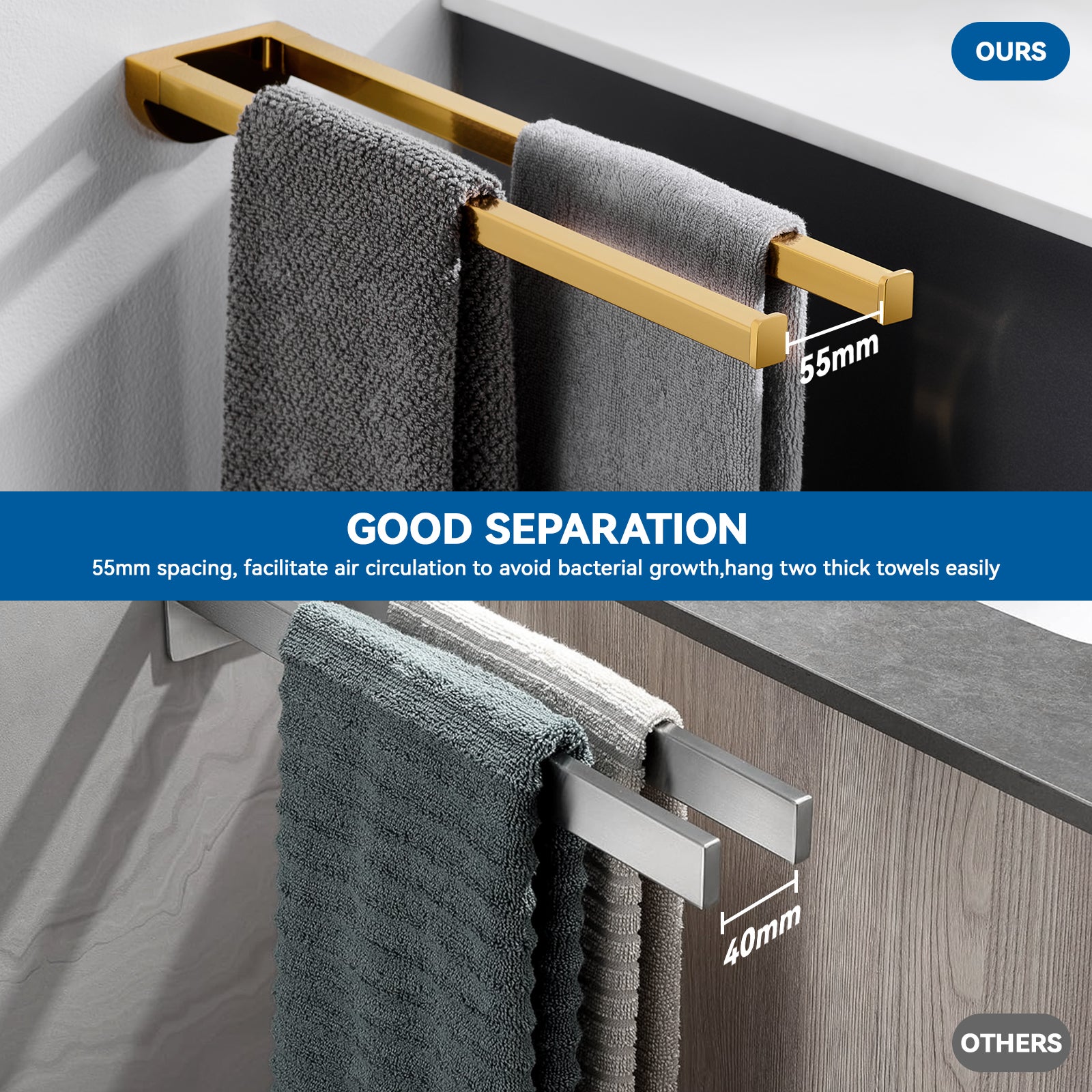 Portasciugamani Amig Adesivo Senza Viti Mod. Ea-2, 205x125 Mm, Acciaio Inox Oro Opaco Per Bagno