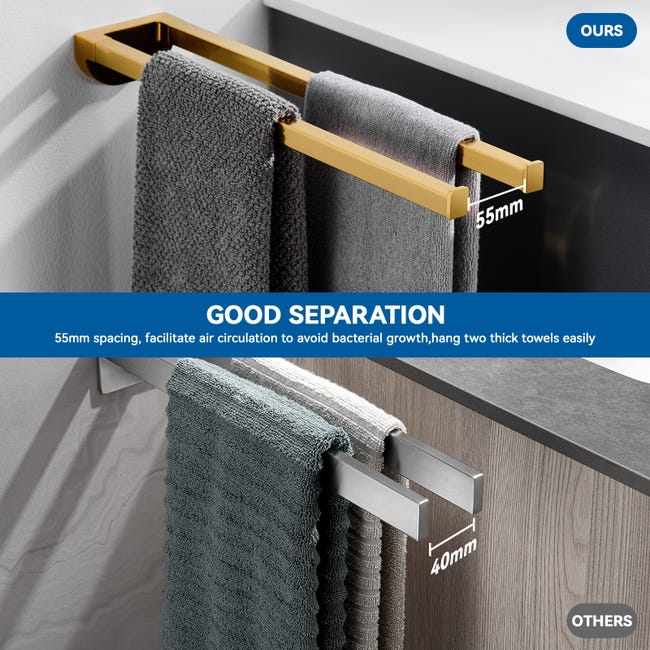 Portasciugamani Amig Adesivo Senza Viti Mod. Ea-2, 205x125 Mm, Acciaio Inox Oro Opaco Per Bagno