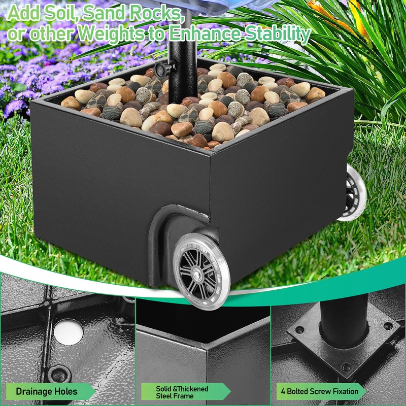 Porte-parapluie à roulettes, base de parapluie, 44,5 x 44,5 x 27 cm, 68 kg une fois rempli, réglable pour mâts de parapluie de 38/48 mm - 3