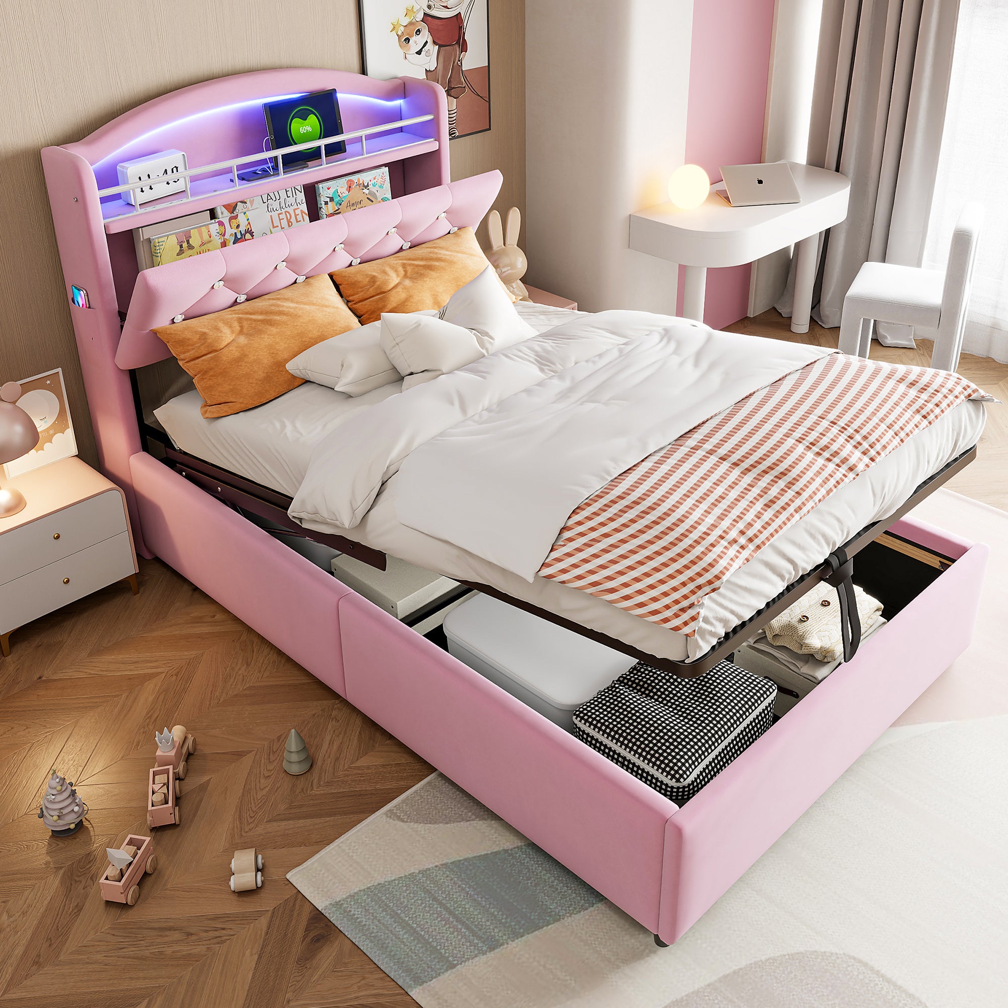 Sofa łóżko dziecięce 90x200 - Samt, Różowy, z LED i USB, z szafkami