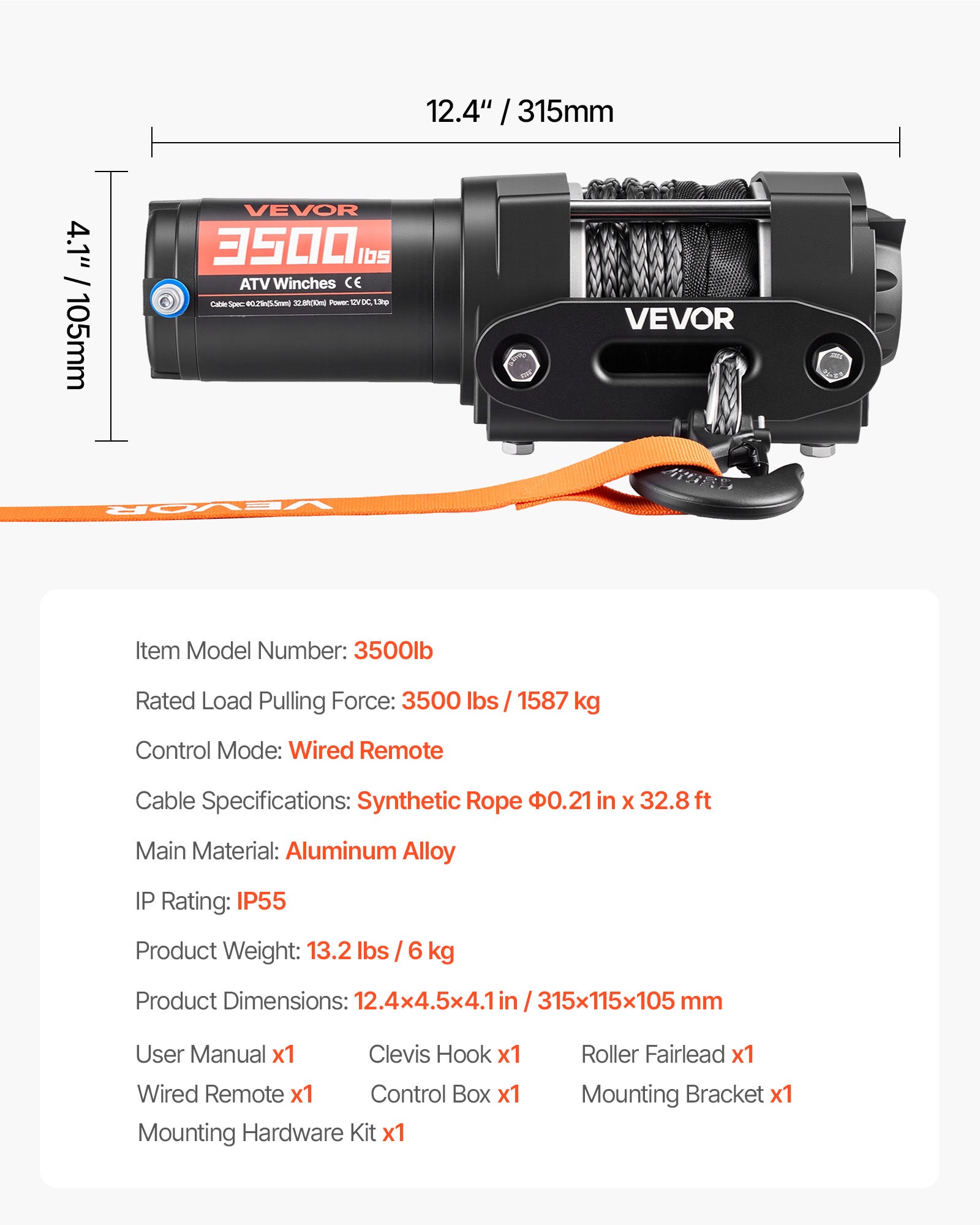 Treuil Électrique VEVOR 12 V CC 1587 kg, pour Quad SSV Tout-terrain Remorquage, Corde Synthétique 5,5 mm x 10 m, Télécommande Filaire, Étanche IP55 - 7