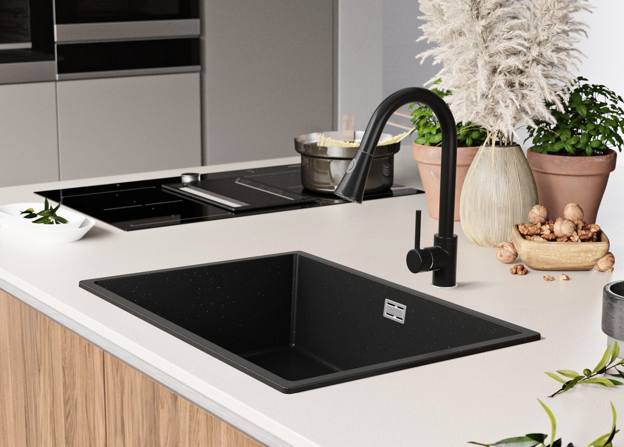 Evier Cuisine en Granit Noir Métallisé 66x47cm, Lavabo 1 bac + Kit de Vidage, Évier à Encastrer au meuble 70cm - London Slim PRIMAGRAN - 8