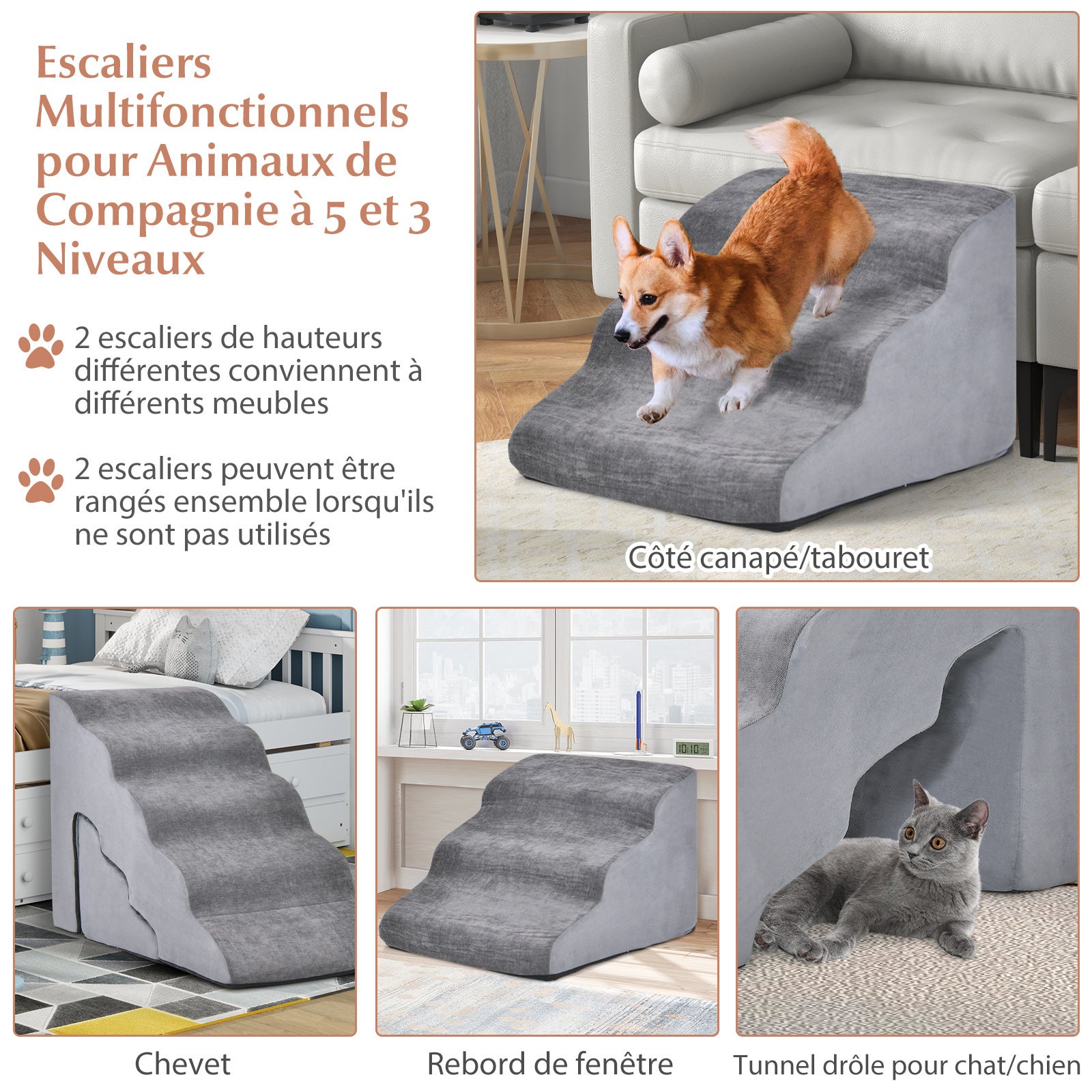 Rampa para Perros de Espuma de 5 Niveles, 56 cm Escalera para Mascotas Extraíble y Lavable, Escalones para Perros de Espuma, 2 Rampas para Sub - 2