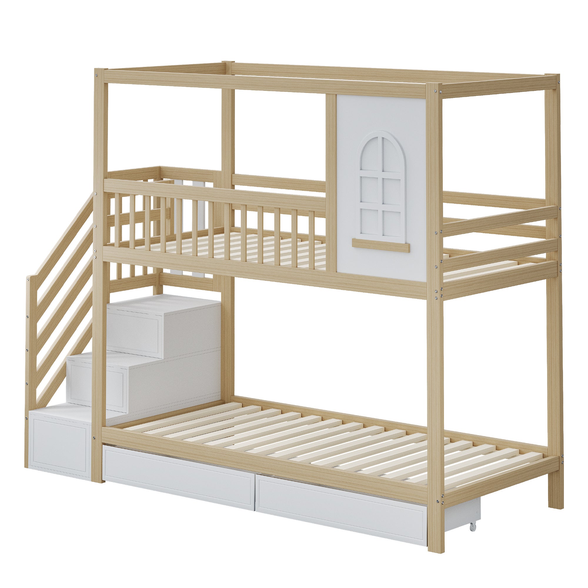 Letto per bambini 90x200cm casa con finestre scala con cassetti barriera sicurezza legno legno naturale (Sem materasso) - 4