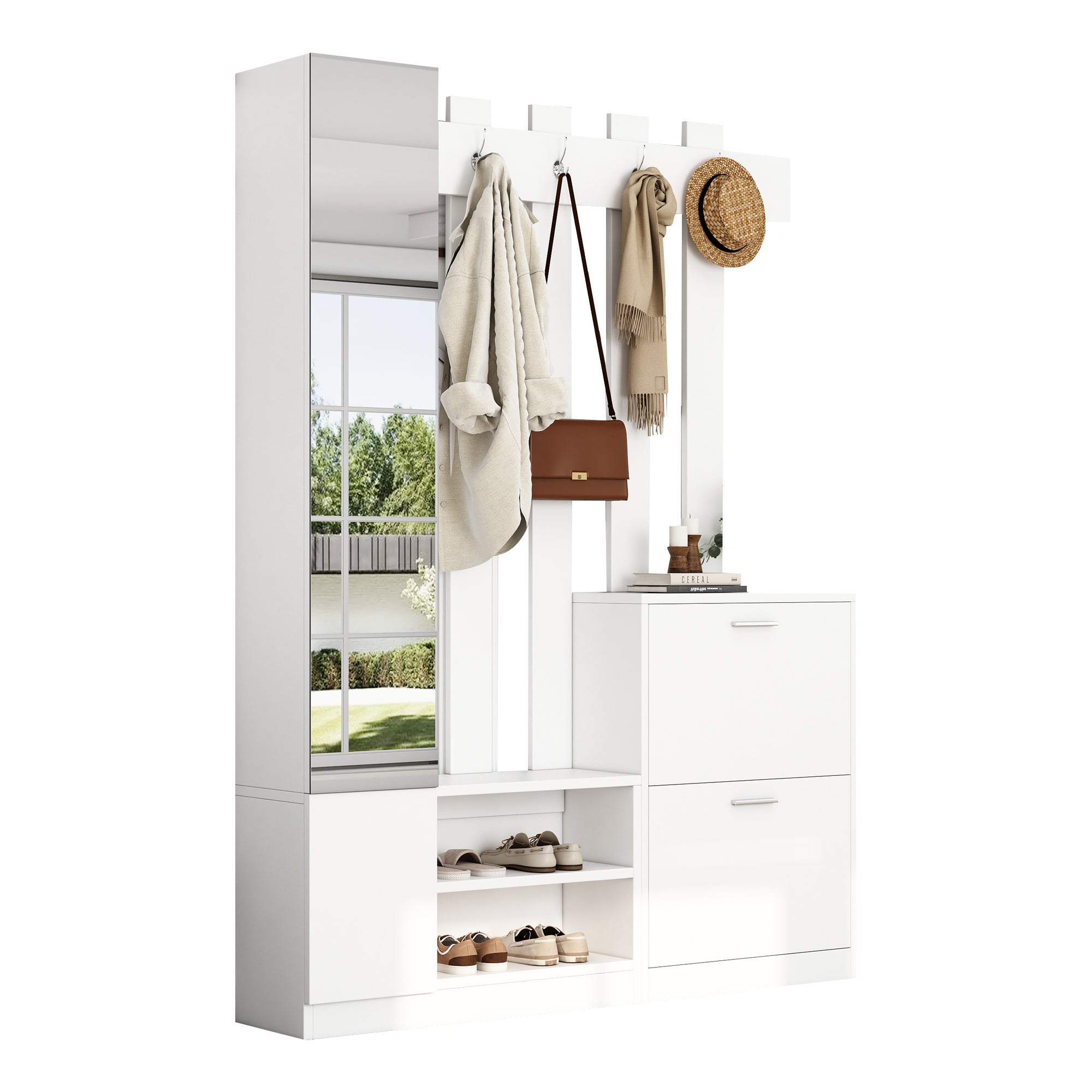 Ensemble vestiaire d'entrée 135x25x180cm - avec porte-manteau et 2 armoires à chaussures - avec miroir et crochets - blanc - 5