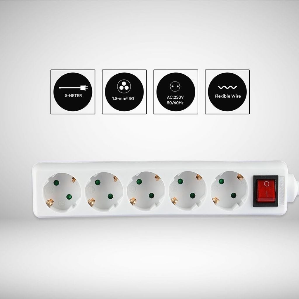 Bloc multiprises avec càble 5m 5 prises 10A 2P + Schuko et interrupteur Schuko blanc - 4