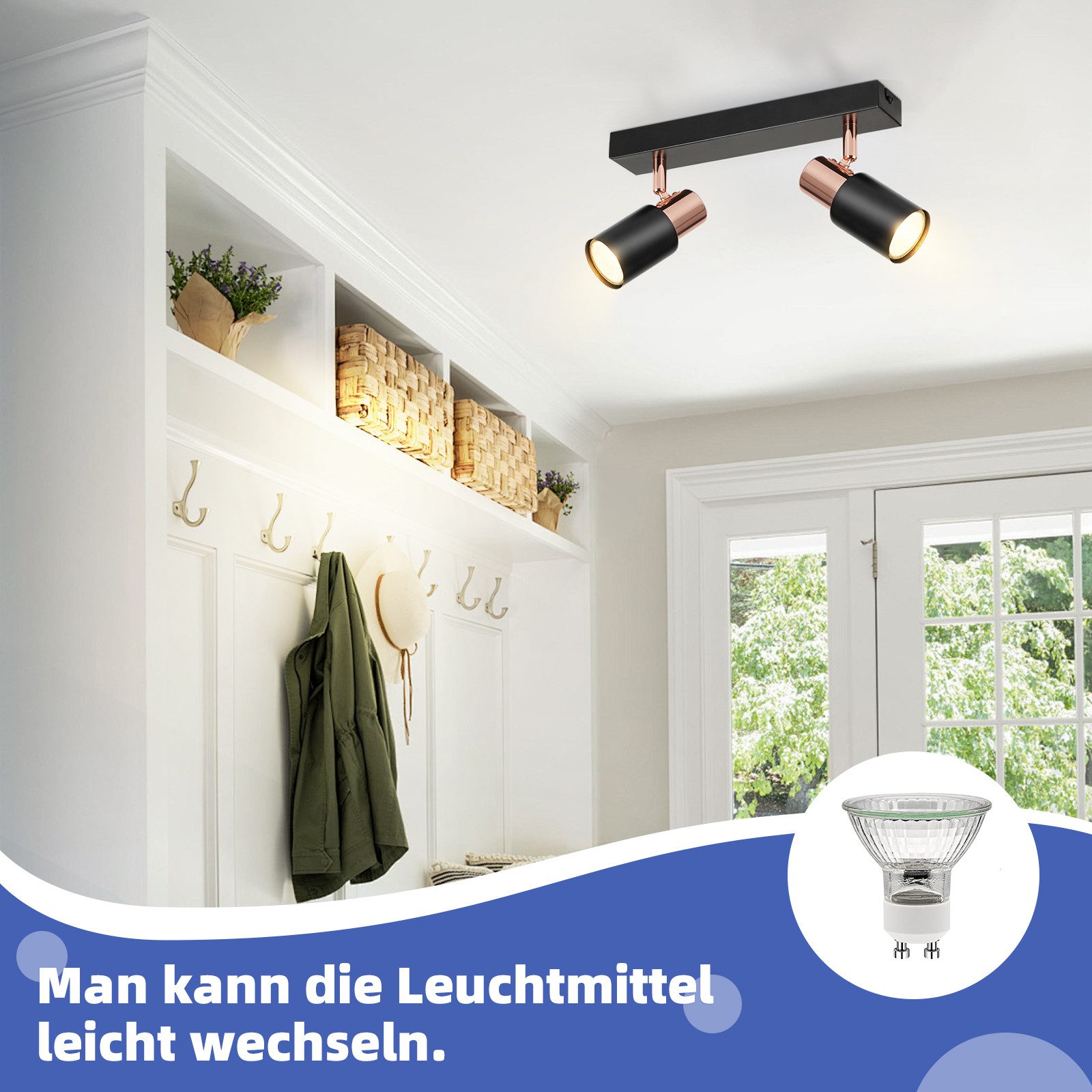 NETTLIFE Foco de techo negro GU10-2 Lámpara de cocina con llama giratoria de 355° industrial moderna - 3