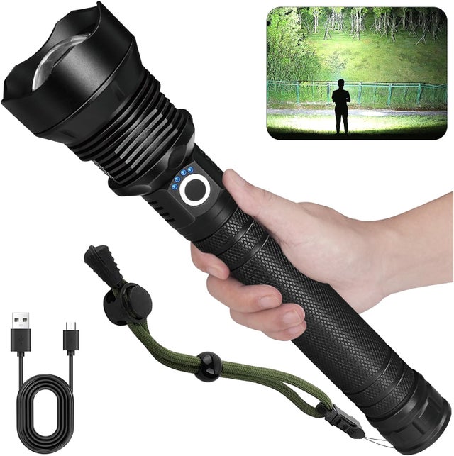 Lampe Torche LED Ultra Puissante,Lampe de Poche Rechargeable 90000 Lumens XHP70 Ajustable Zoomable Étanche Torche USB