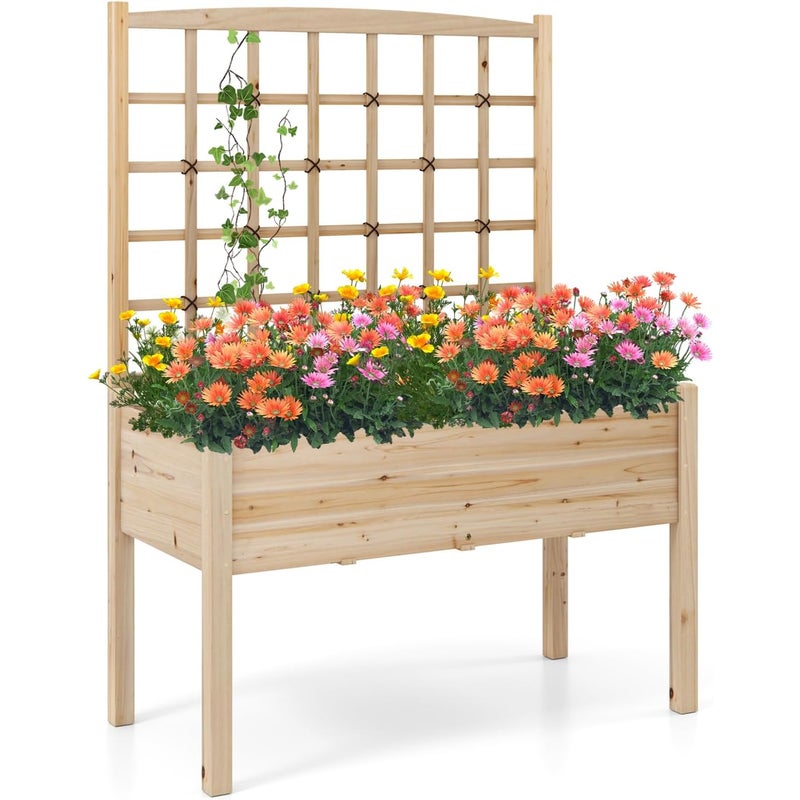 Podwyższona Grządka Ogrodowa z Kratką, Drewniana Skrzynka na Kwiaty z Nóżkami, do Roślin Pnących, Warzyw, Kwiatów, 119 x 60 x 160 cm (Naturalna)
