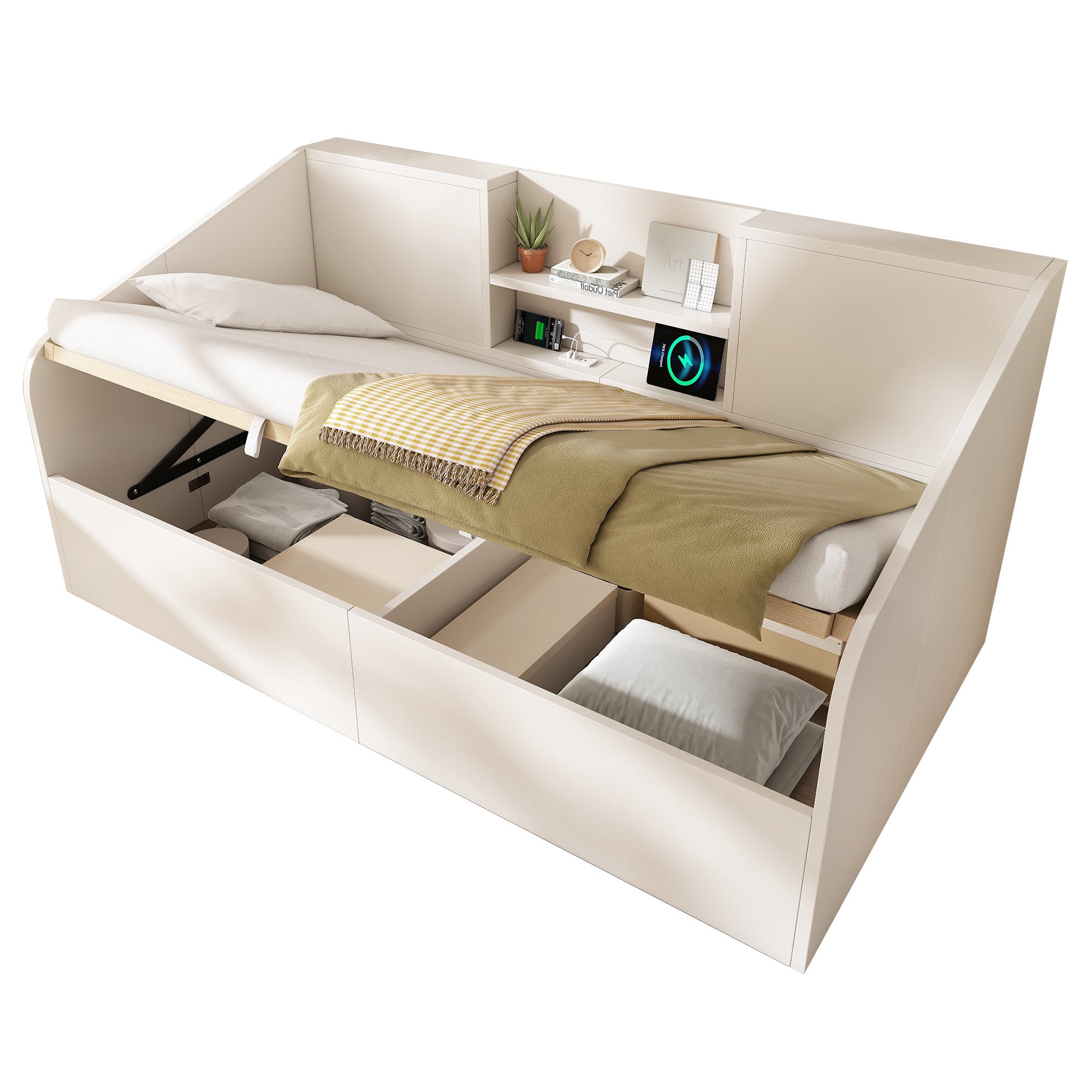 Łóżko z pojemnikiem 90 x 190 cm i 2 półkami – sosna + płyta wiórowa – porty ładowania USB/typu C – białe (materac nie jest dołączony) - 7