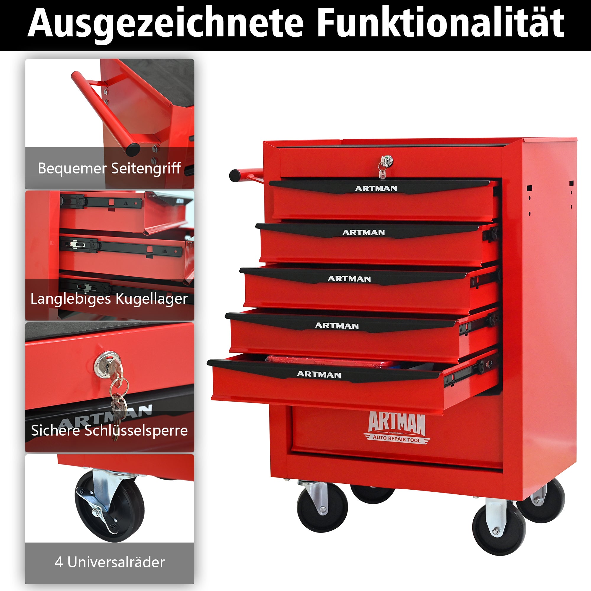 Coffre à outils roulant en métal à 6 tiroirs, armoire à outils pliable en 6 parties avec glissières à billes, organisateur de rangement d'outils - 8