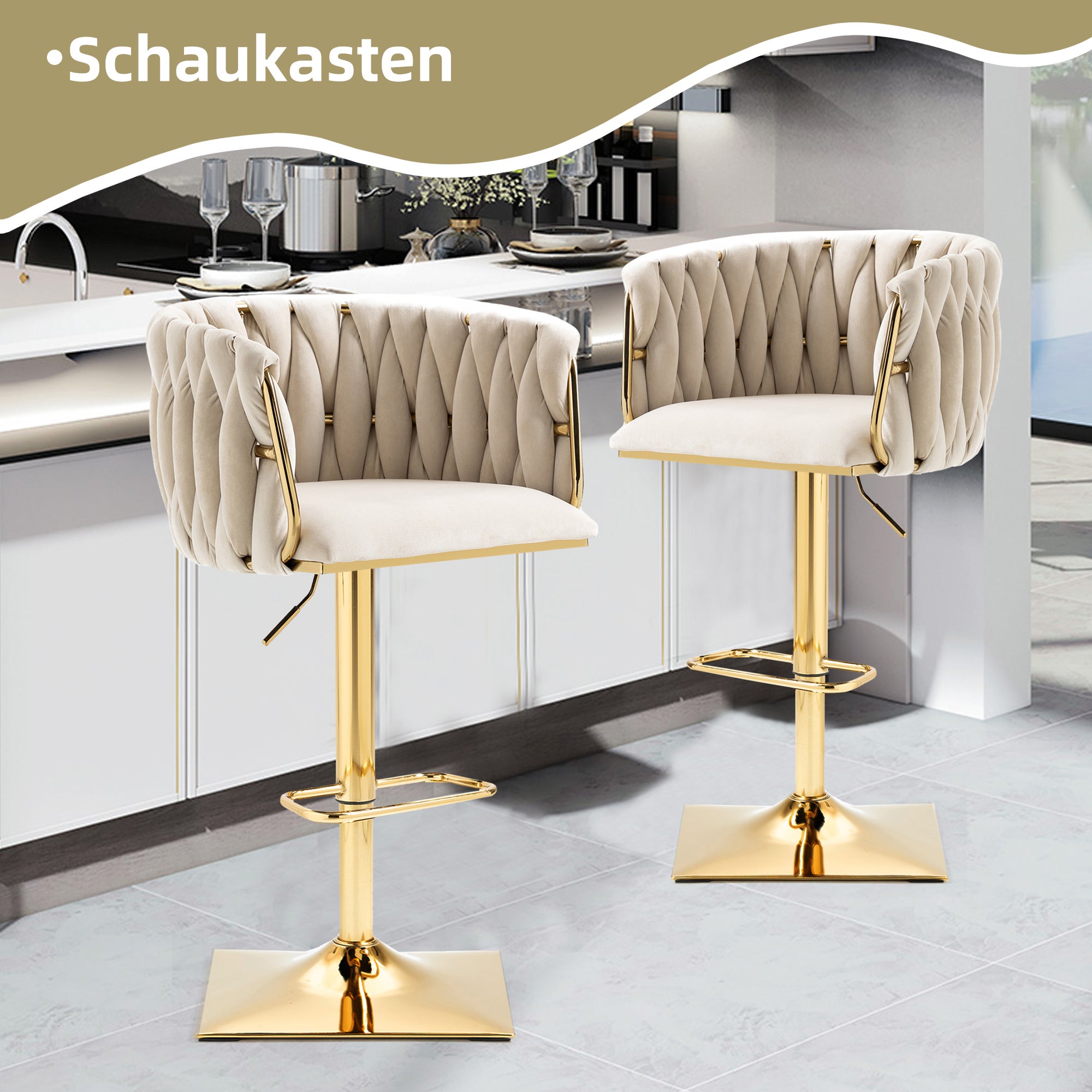 Lot De 2 Chaises De Bar Beliani AMITY – Velours Beige, Pieds Fer, Accoudoirs – Rétro