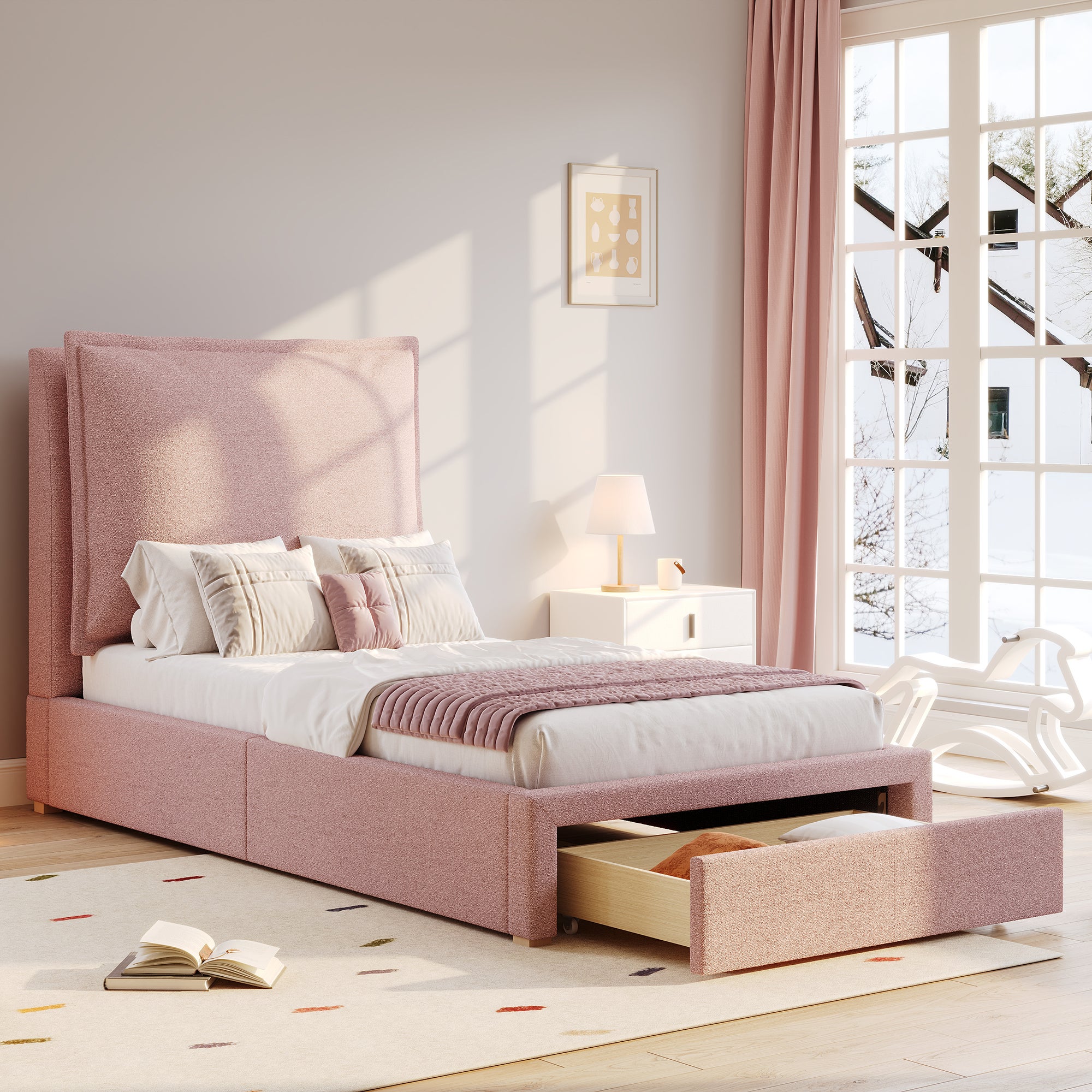 Kinderbett 90x200cm - Funktionsbett mit Lattenrost, Stauraum, rosa Chenille, gepolstertem Kopfteil