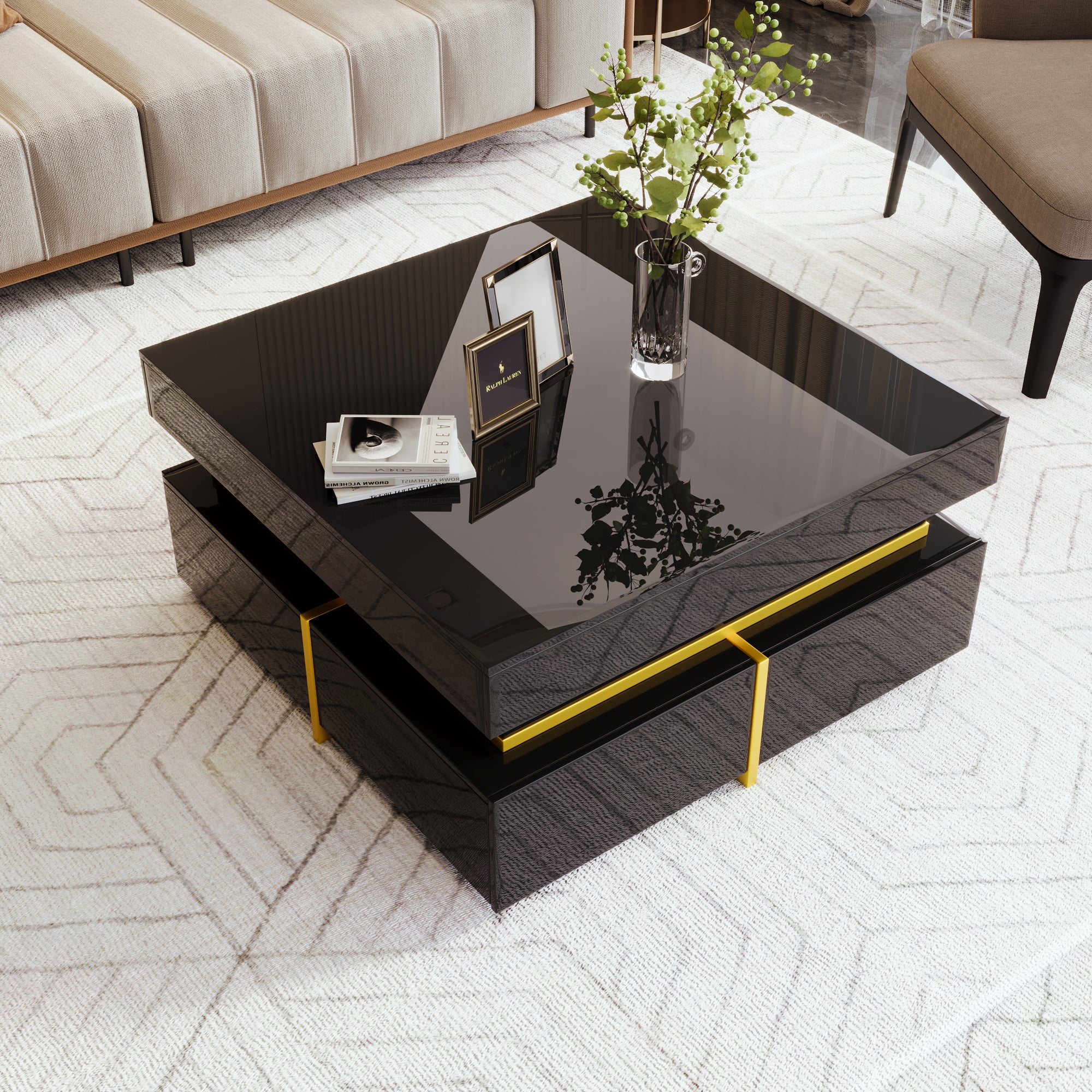 Table basse, table de salon brillante, table d'appoint avec tiroirs et touches dorées - 2