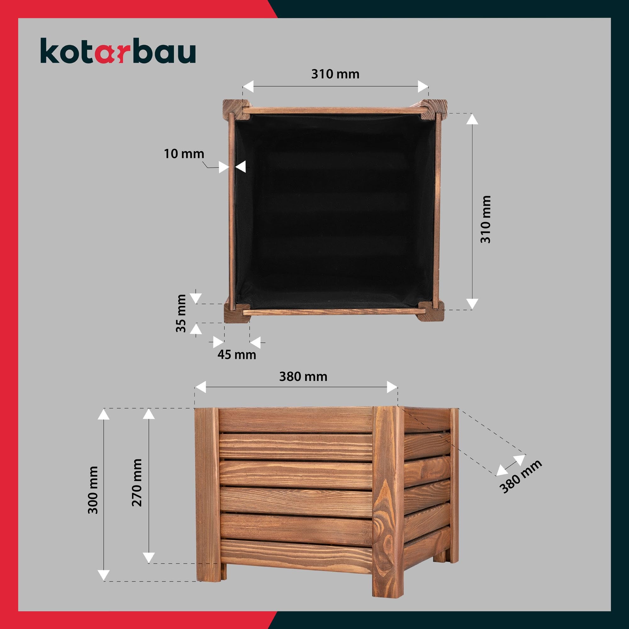 Pot de Fleurs en Bois 38 x 38 x 30 cm Jardinière en Pin Carbonisé Pot de Plantes Jardinière - Idéal pour Jardin Terrasse Balcon - Marron - KOTARBAU - 3