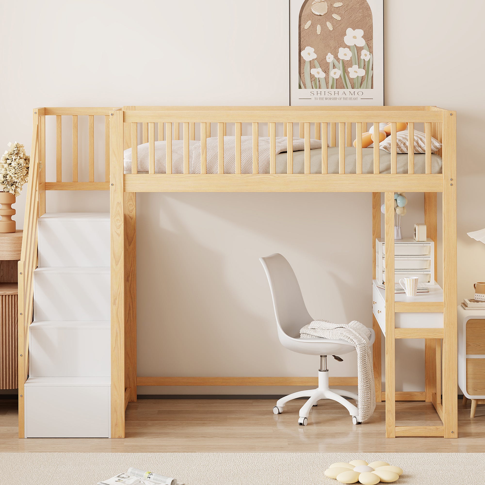 Cama Alta De Madera De 90 X 200 Cm Con Mesa Y Escalera Con Espacio De cama-alta-de-madera-de-90-x-200-cm-con-mesa-y-escalera-con-espacio-de