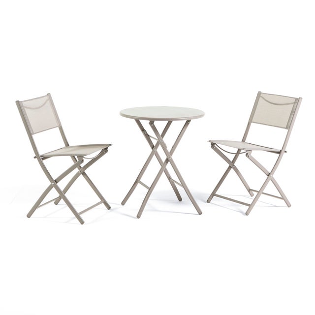 Set plegable de metal con mesa redonda y dos sillas de textilene arena