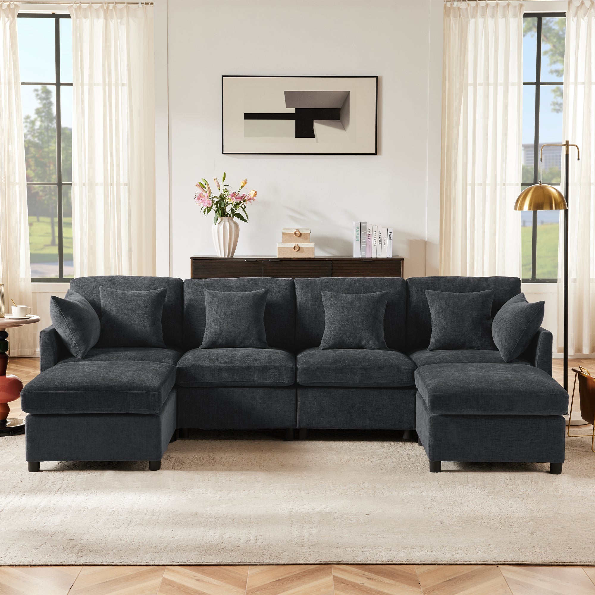 Nowoczesna narożna sofa w kształcie litery L - Z wyjmowanym podnóżkiem - 4-osobowa - szara - 2