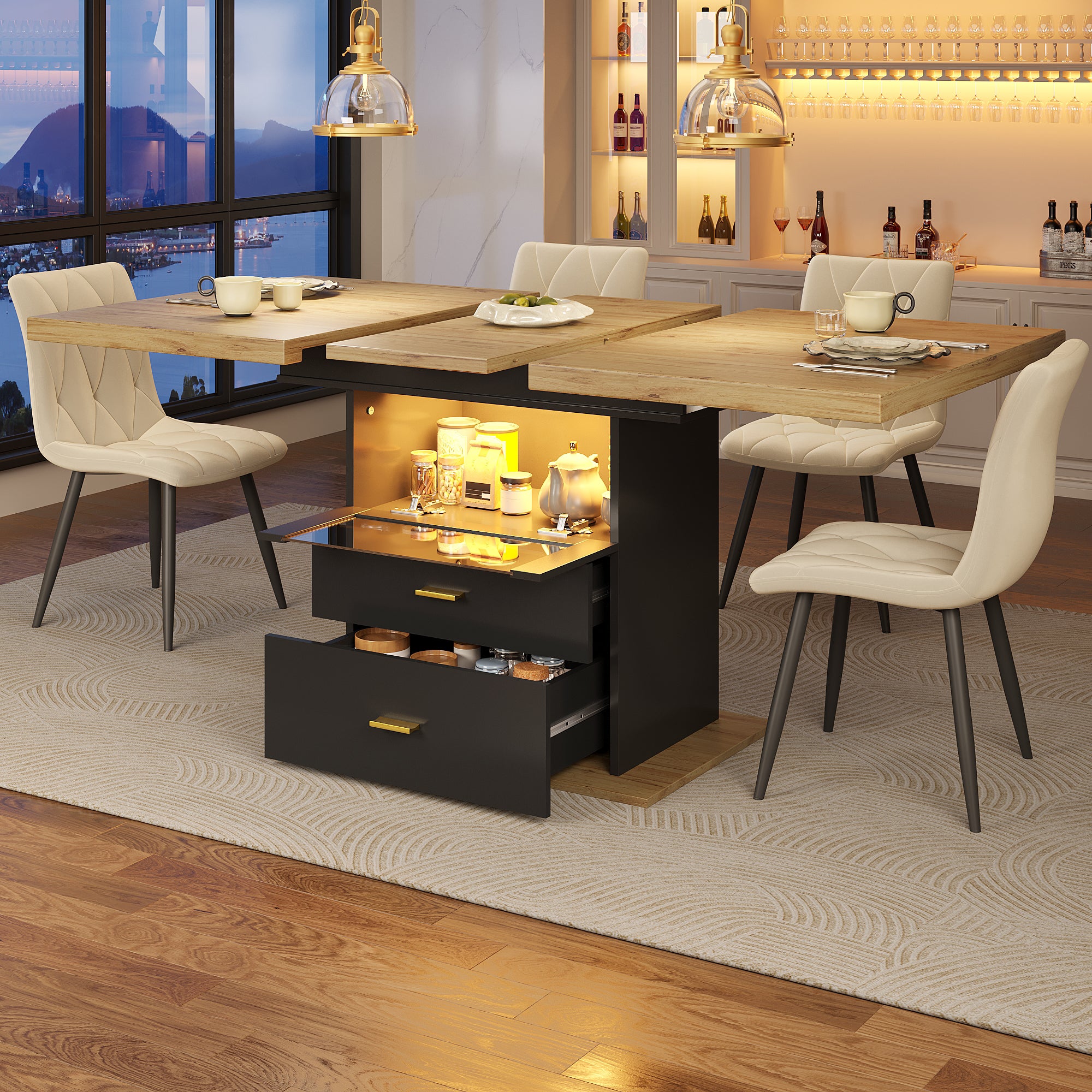 Rozkładany stół jadalny dla 4-6 osób z 2 szufladami - 110/140 x 80 x 75 cm - diody LED - MDF - czarny + naturalny