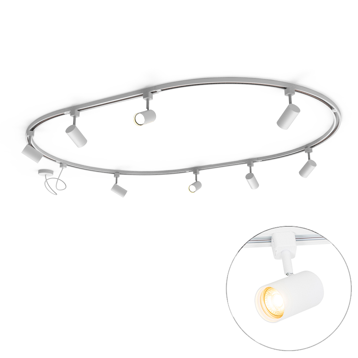 Nowoczesny system oświetlenia szynowego z 8 reflektorami białymi, 1-fazowy, owalny, 200 cm - Iconic Jeana