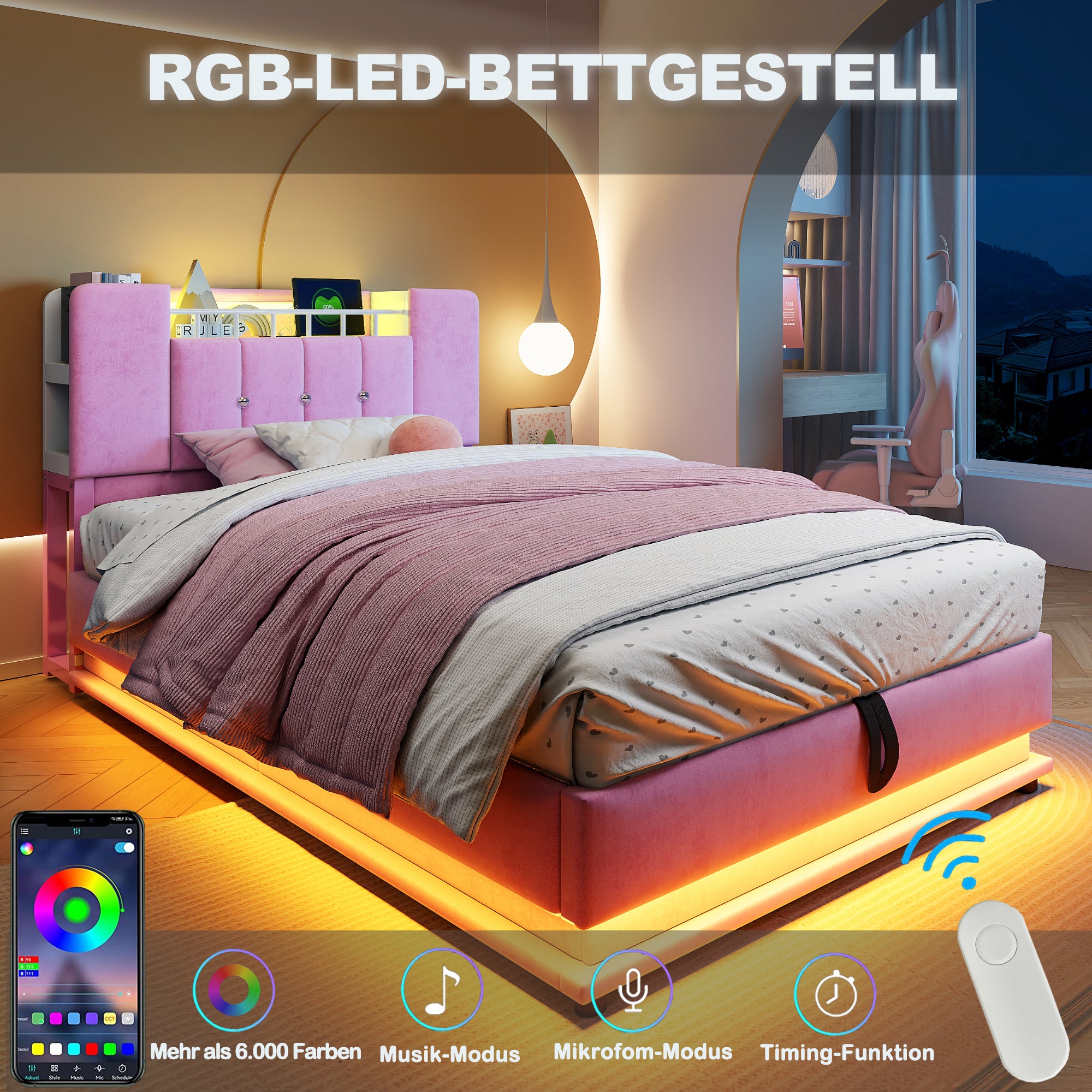 Łóżko z pojemnikiem na pościel 90 x 200 cm i zagłówkiem - Tkanina aksamitna - Diody LED - Porty USB - Różowe (Materac nie jest dołączony) - 5