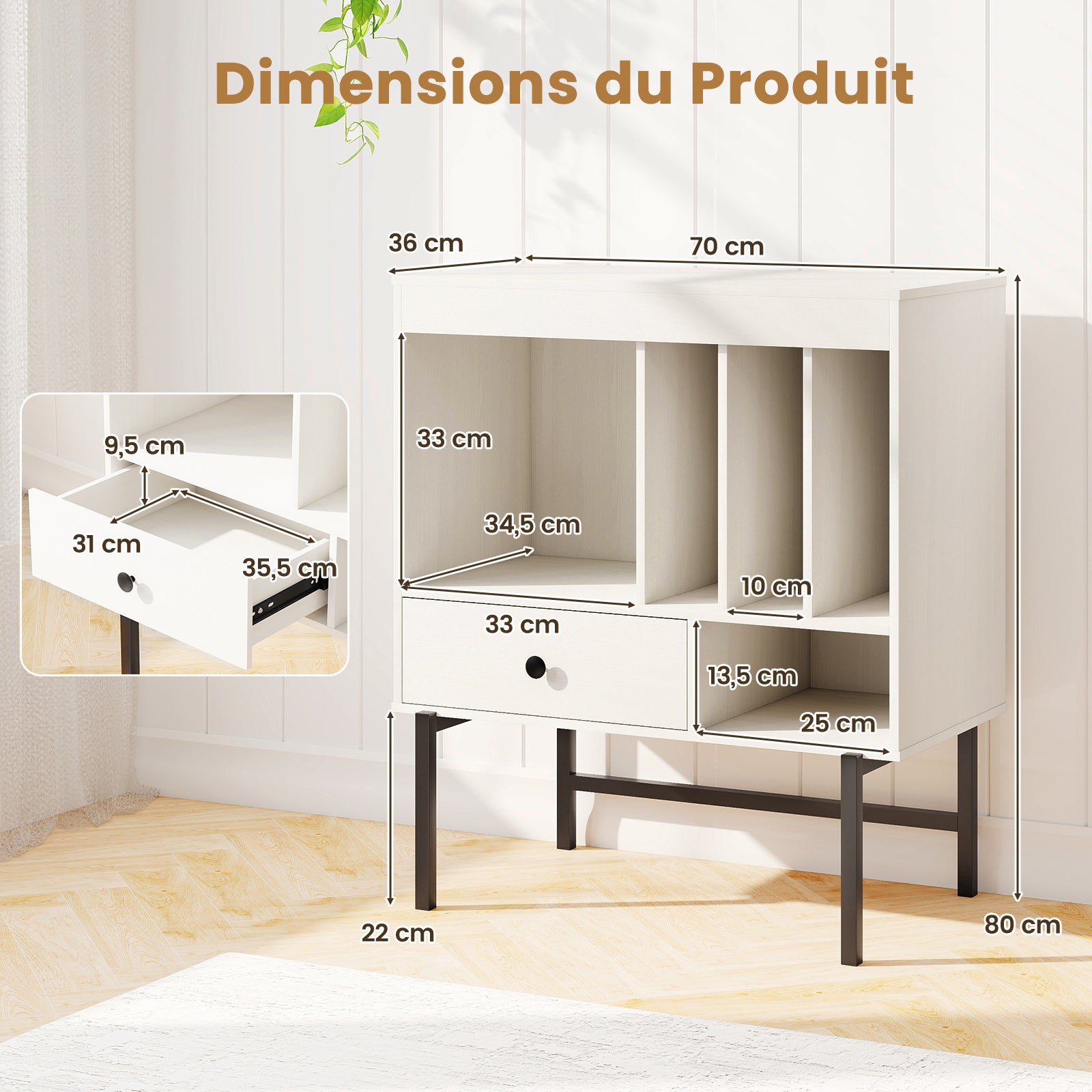 Meuble Support Tourne-disques GIANTEX – 70x36x73,5 Cm, Avec Tiroir Et Rangement Albums – Noir