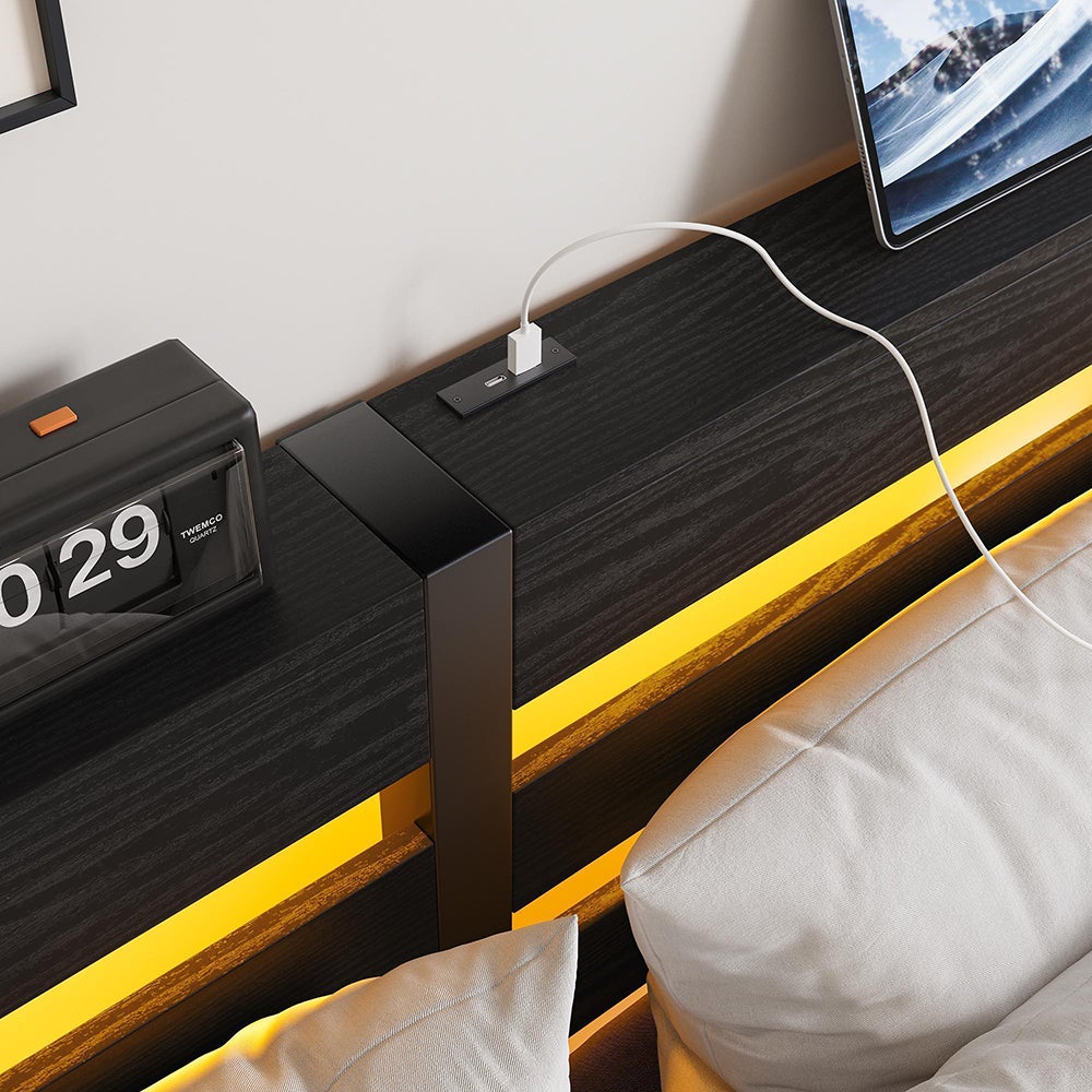 Łóżko dla dorosłych z oświetleniem LED i stacją ładującą USB, metalowa konstrukcja, materac nie wchodzi w skład zestawu, kolor czarny – 140 x 190 cm - 8