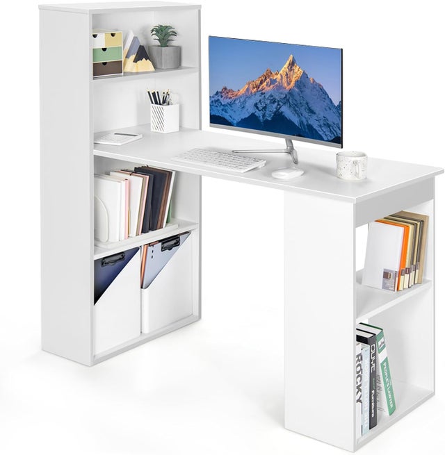 Bureau d'Ordinateur Réversible avec Bibliothèque,Assemblage Facile, pour Maison, Bureaux (Blanc)
