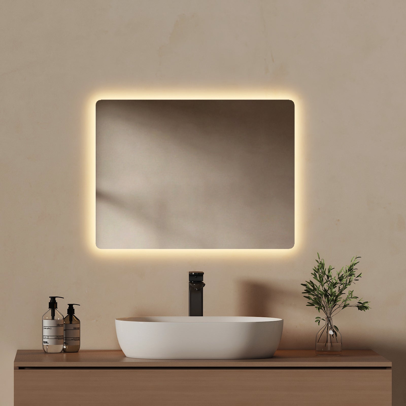 EMKE Lustro łazienkowe z oświetleniem LED 60x40 cm, z 3000/6500K, przeciwmgielne, funkcja pamięci, włącznikiem przyciskowym, bezramowe, IP44