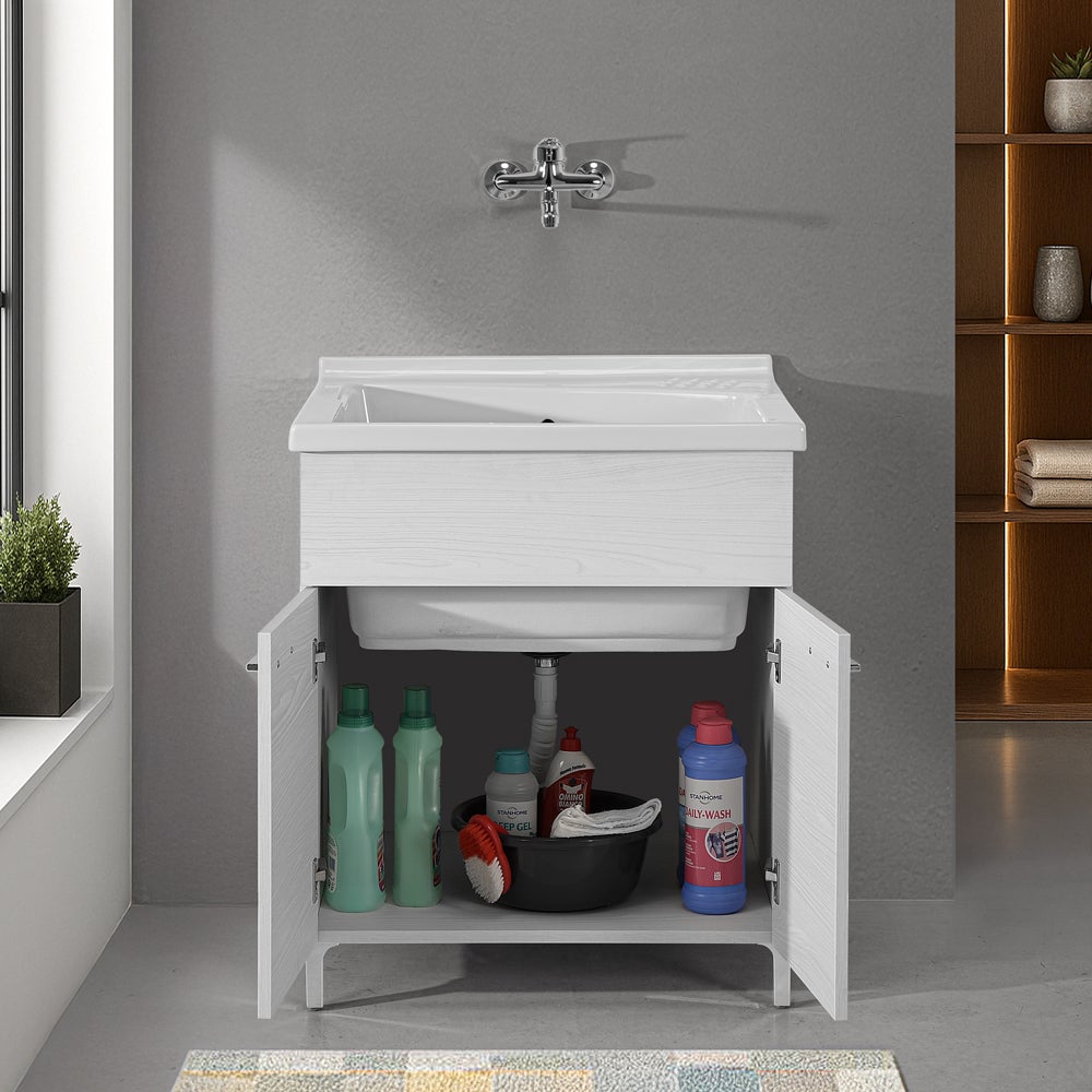 Mobile lavatoio 75x60cm bianco frassino con due ante e vasca in ceramica Revine - 7