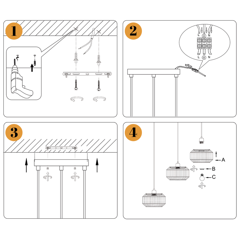 Nettlife Lampada Sospensione Boho Rattan - Lampadario 3 Luci E27, Regolabile, Stile Retrò, Tavolo Pranzo (Senza Lampadina) - 7
