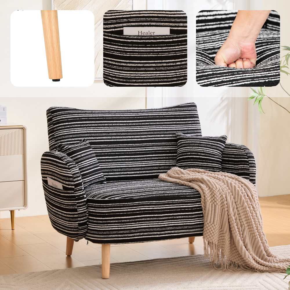 Nowoczesna sofa 2-osobowa z wygodnymi podłokietnikami, bocznymi poduszkami i kieszenią na przechowywanie, głębokie siedzisko do małych pomieszczeń