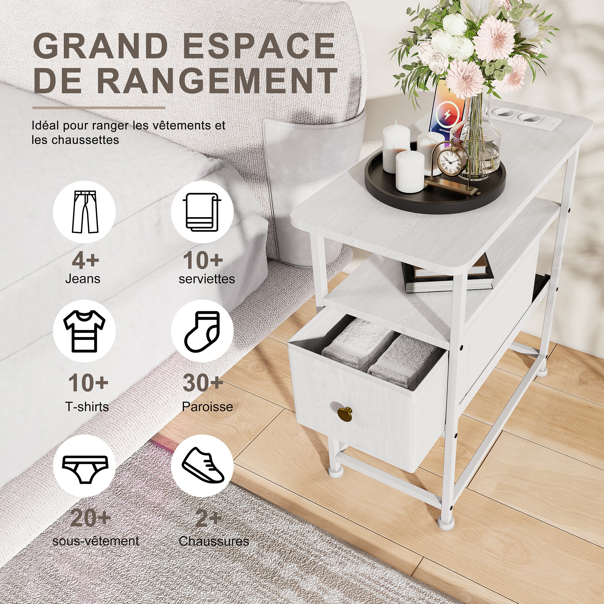 Table d'Appoint avec tiroirs - prise électrique incluse, structure en métal, pieds antidérapants, espace de rangement ouvert - 60x30x62 cm - blanche - 3