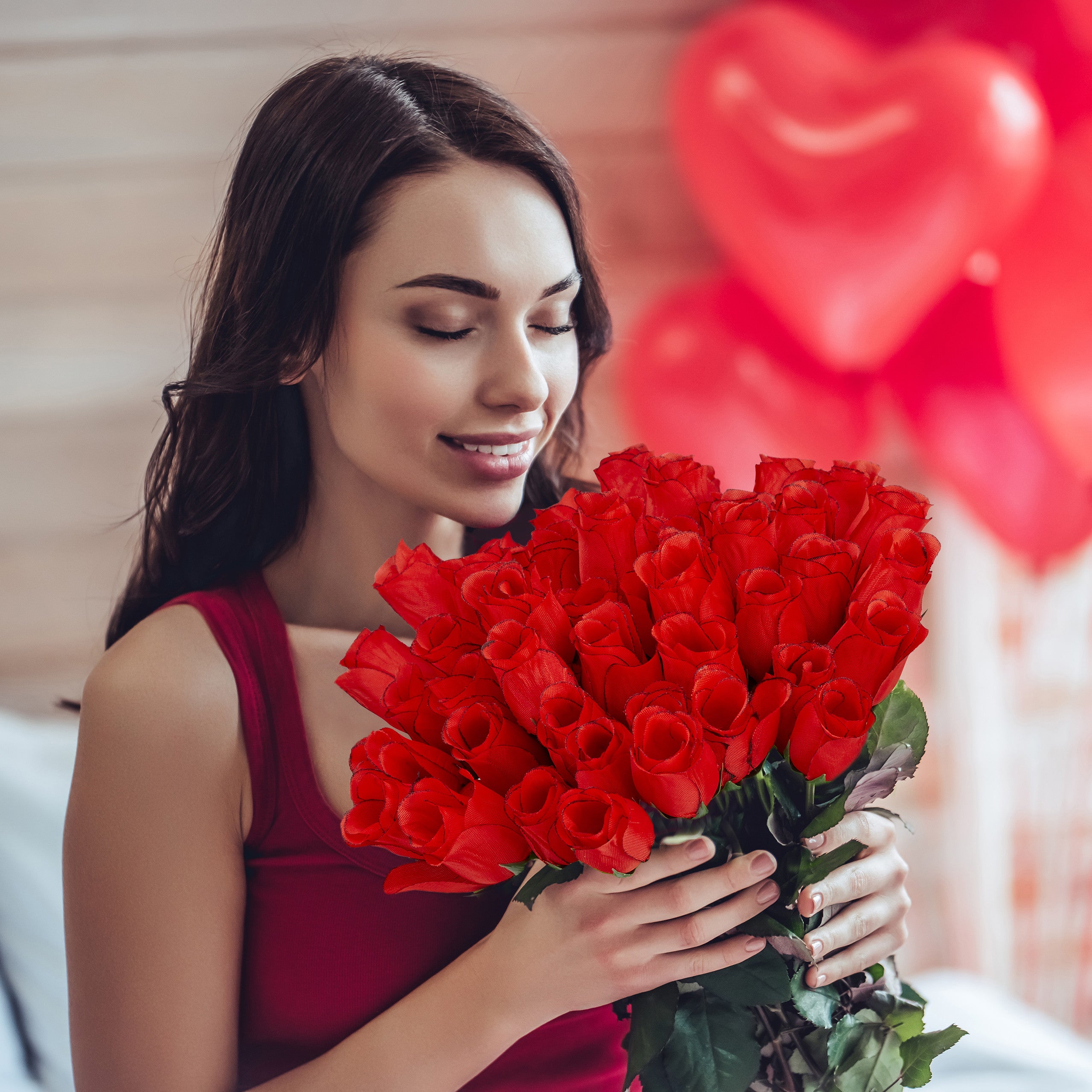 Bouquet de roses, fleurs artificielles, 48 pcs avec tige et feuilles, cadeau, mariage, hauteur 26 cm, rouge, Relaxdays - 2