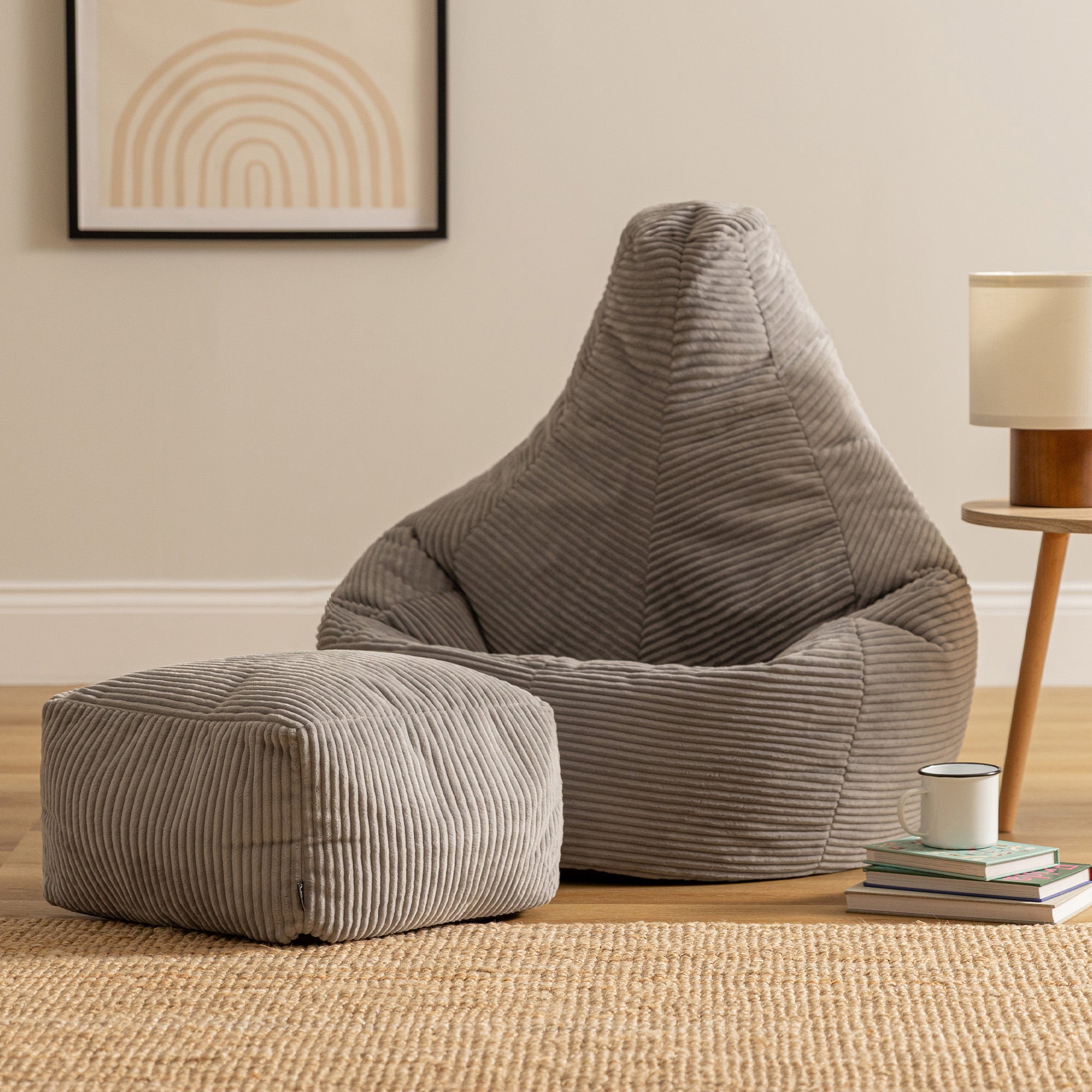 Pouf Icon à dossier haut avec repose-pied carré velours côtelé gris clair, 84x84cm, Made in Allemagne, Oeko-Tex® - 2