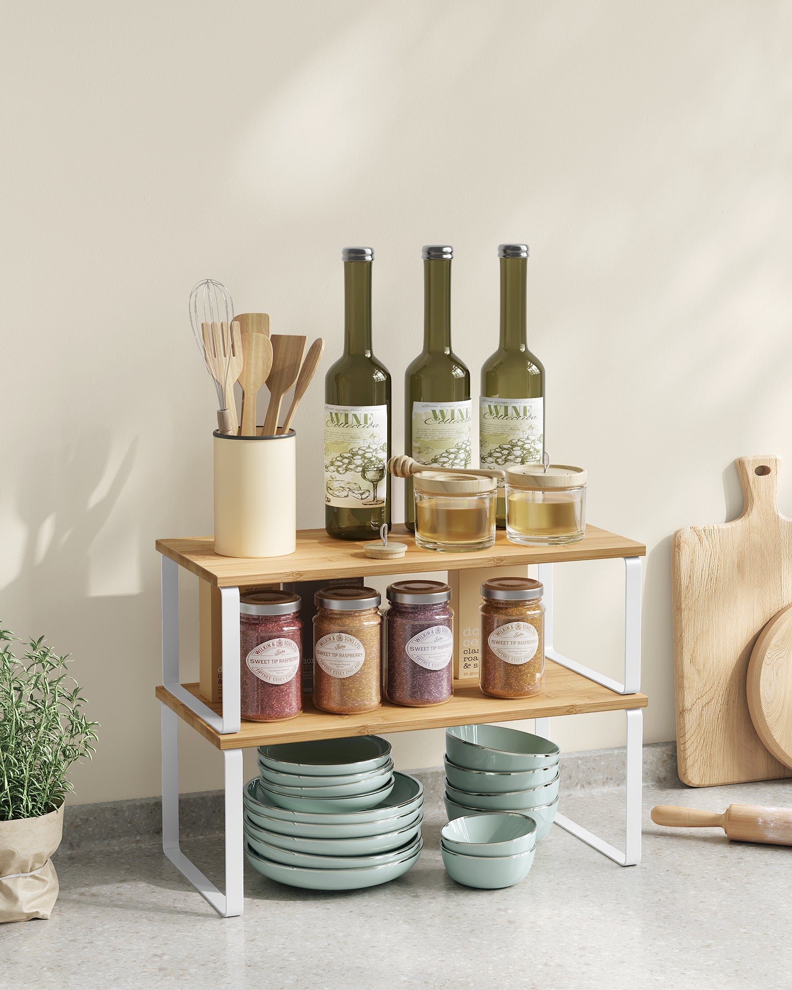 Organizadores de Cocina, Juego de 4 Estantes Apilables y Expandibles, Metal y Madera, Blanco y Beige - 4