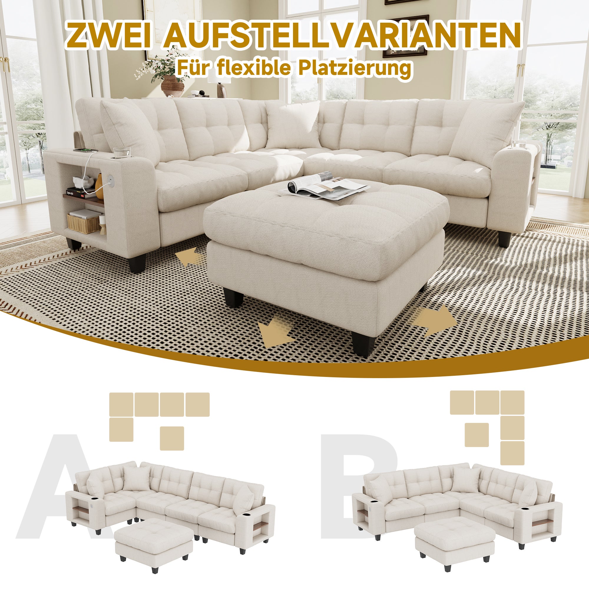 Canapé d'Angle XXL Modulaire en U, 6 Places en Chenille avec Accoudoirs Bibliothèque, Pouf Amovible, Porte-Gobelets et Ports USB/USB-C Intégrés, Beige - 7