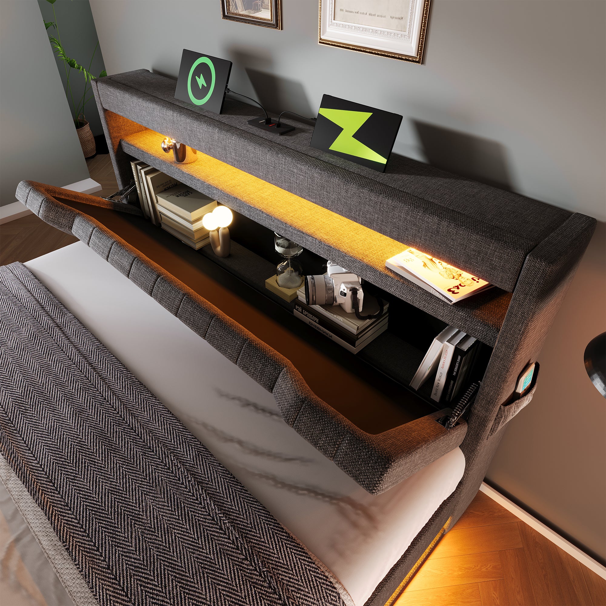 Cama con almacenaje tapizada 140x200cm - con LED - con puertos USB y Tipo C - Tejido de lino - Cabecero con espacio de almacenaje - Gris - 4