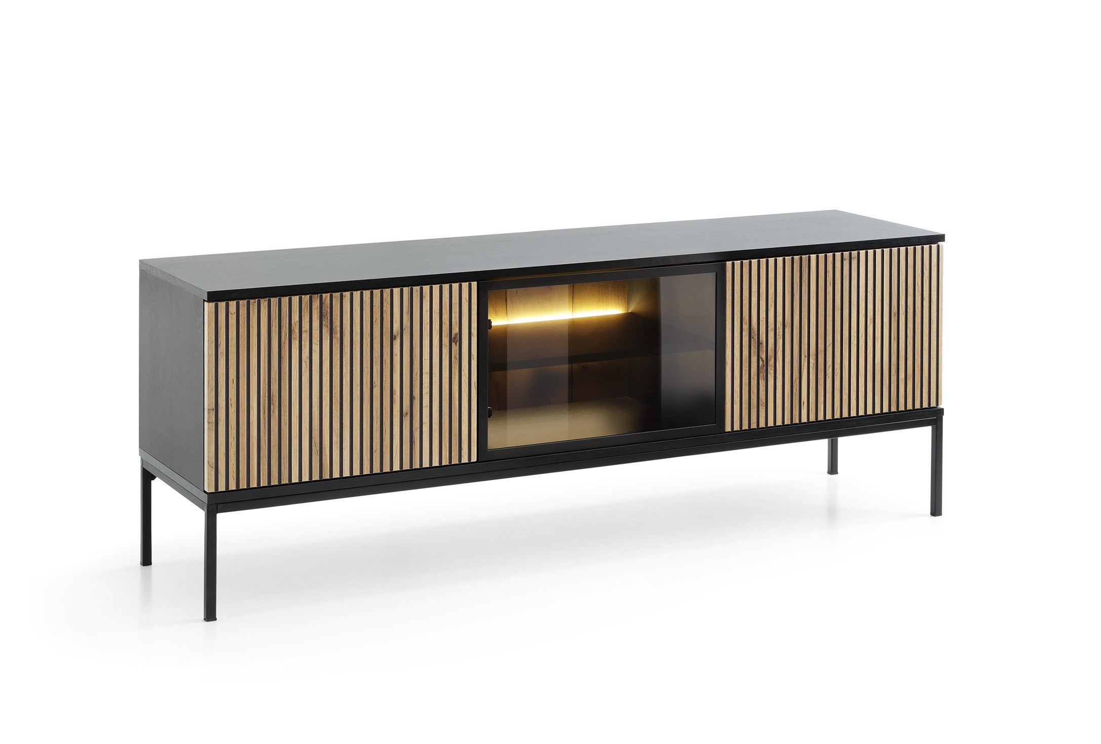 Elegancka szafka RTV z ryflowanymi frontami i oświetleniem LED SENTINO 154 cm – Czarny grafit i Dąb wotan