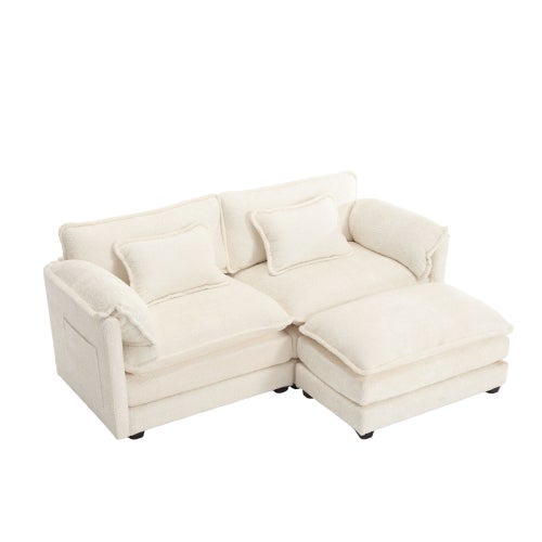 Sofá minimalista de 2 plazas con reposapiés, tejido de chenilla beige, dimensiones 145 x 80 x 85 cm