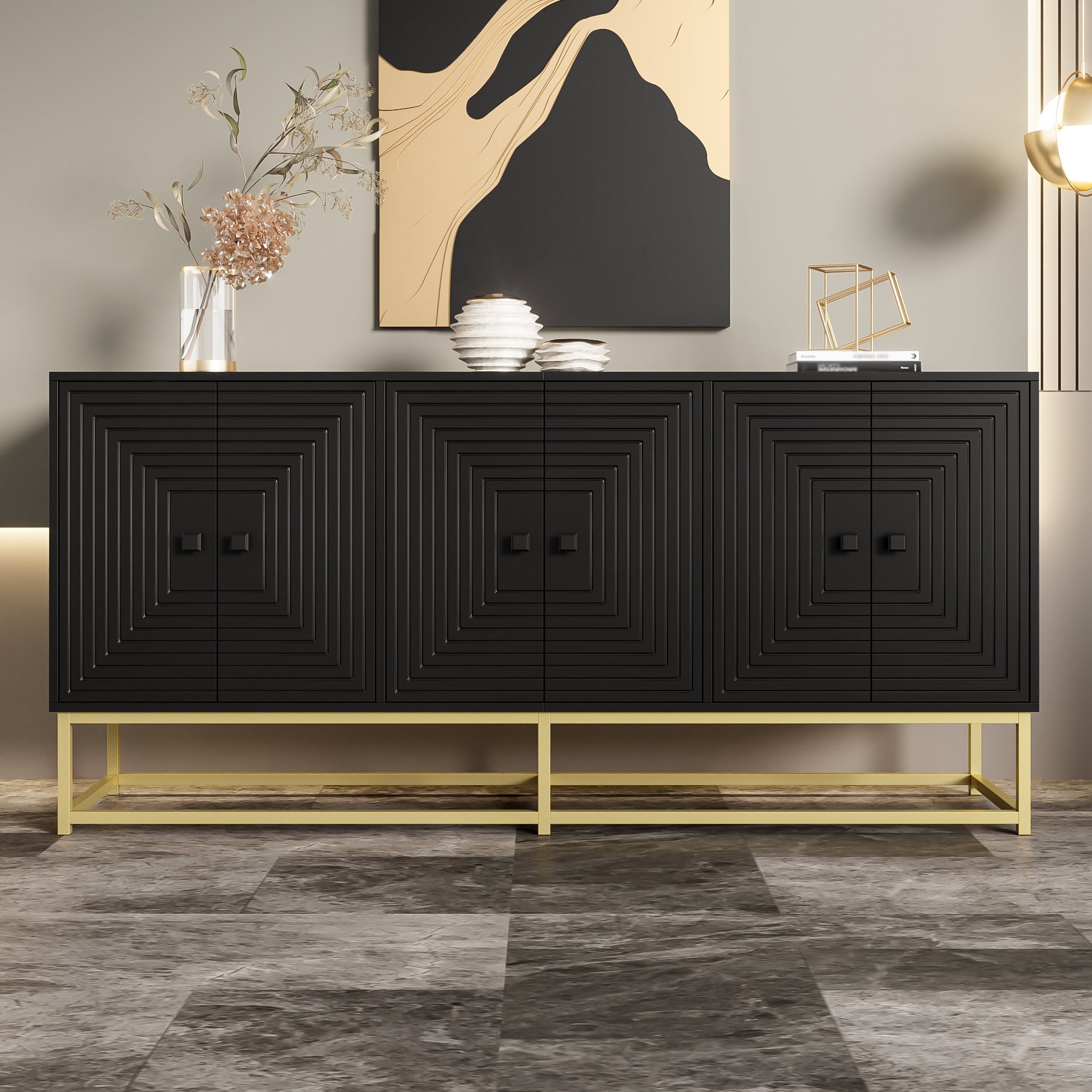 Nowoczesny buffet 160x38x75,5 cm - 6 frontów - Duża przestrzeń do przechowywania - Płyty wiórowe - Czarny + złoty