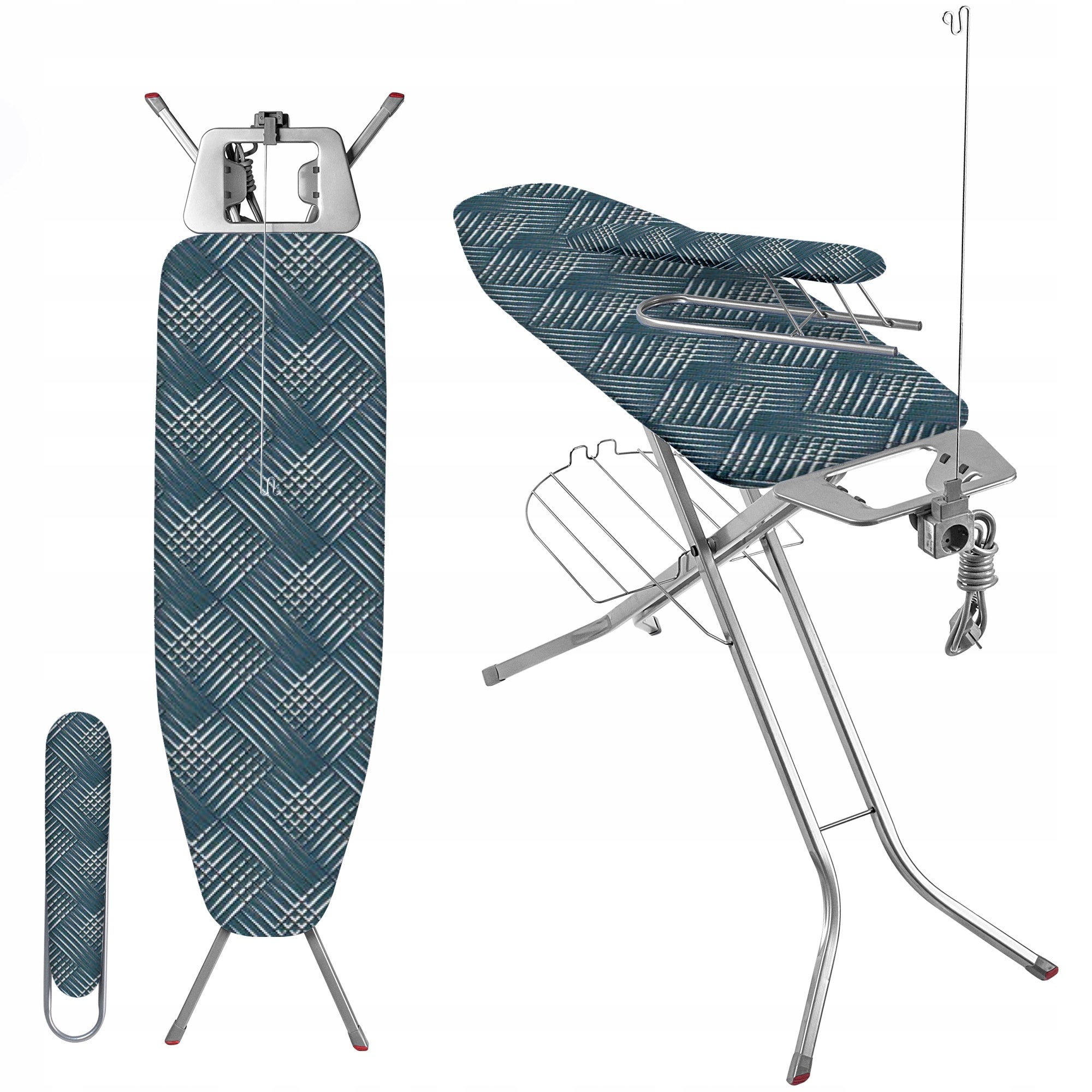 DESKA DO PRASOWANIA 120x38 cm SZEROKI BLAT Z GNIAZDEM + RĘKAWNIK Z PÓŁKĄ