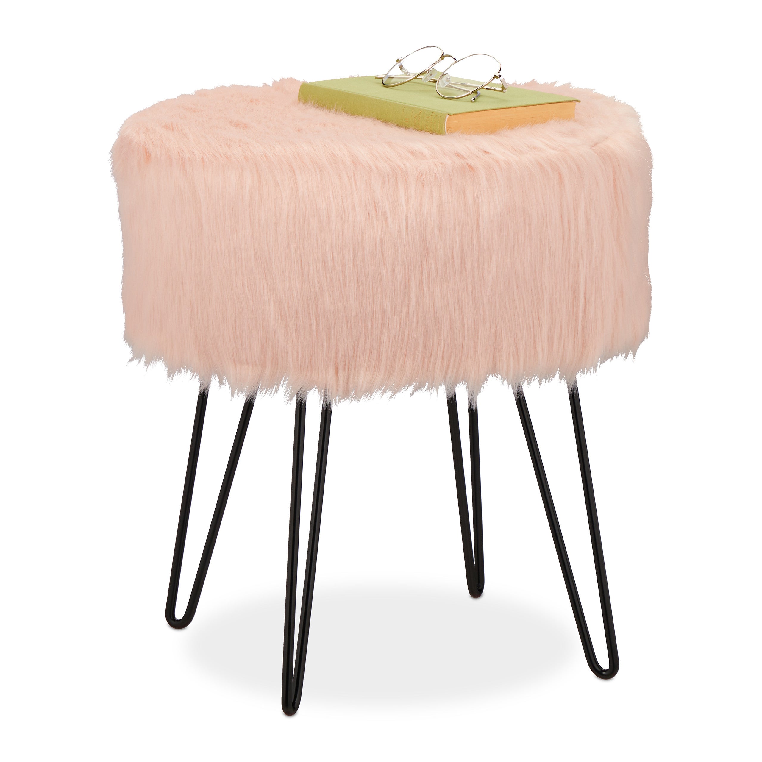 Relaxdays Tabouret Fourrure Noir - Pouf Matelassé Longs Poils Pieds Métal Pour Coiffeuse Ou Salon