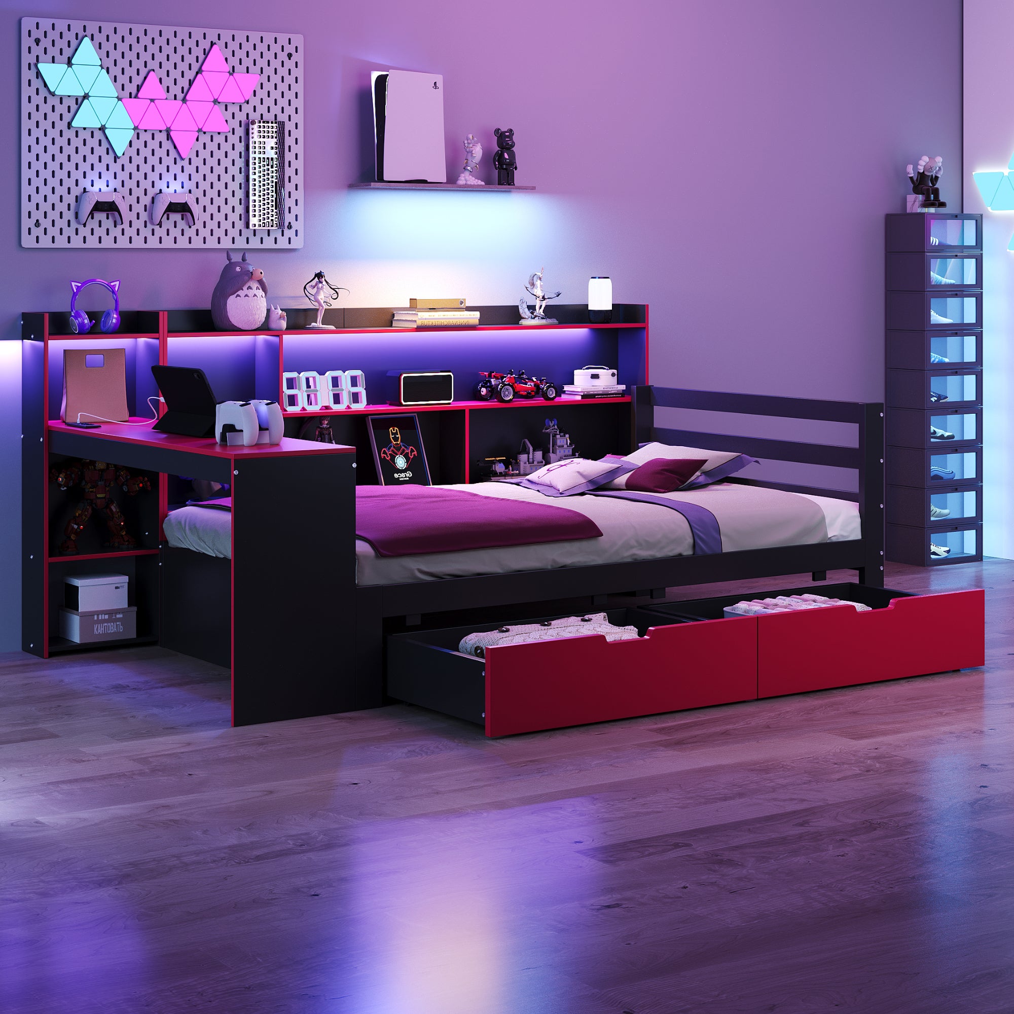 Łóżko 90 x 200 cm z biurkiem, 2 szufladami i schowkami, sofa rozkładana - sosna + sklejka + płyta MDF - diody LED i gniazdka - czarno-czerwone