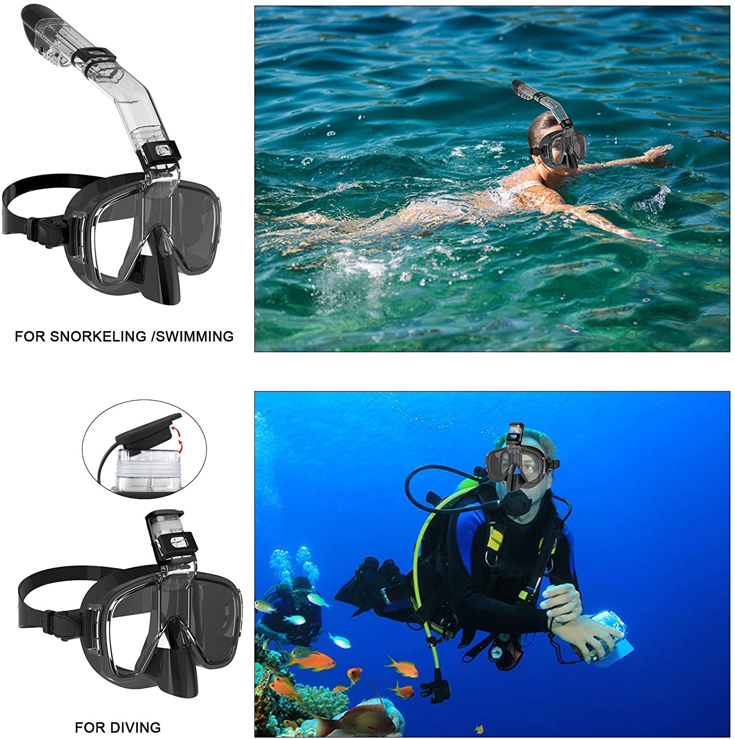 Masque de plongée et tuba en silicone antibuée, équipement de snorkeling panoramique, adapté à la natation et au snorkeling, noir - 5